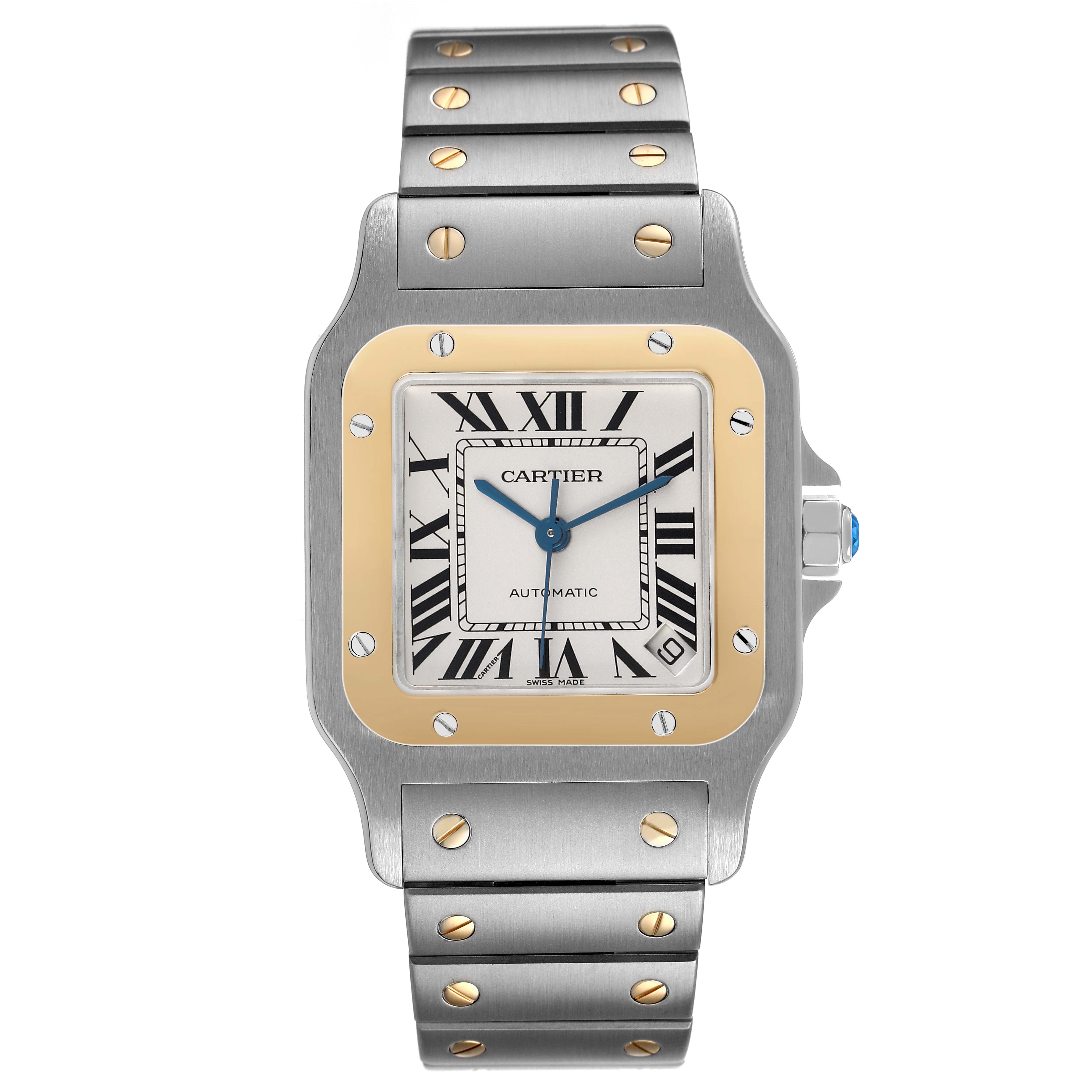 The Cartier Santos W20099C4 Men's Steel and Gold (two tone) Silver Dial watch is shown from the front, highlighting its face, bezel, and part of the bracelet.