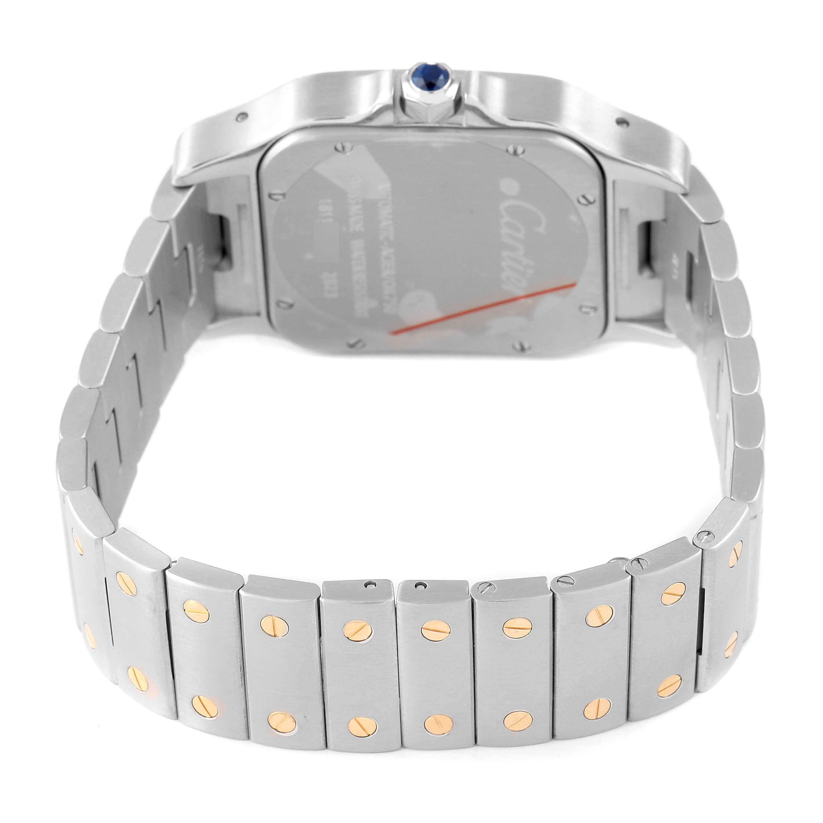 The Cartier Santos W20099C4 Men's Steel and Gold (two tone) Silver Dial watch is shown from the back, displaying the bracelet, case, and crown.