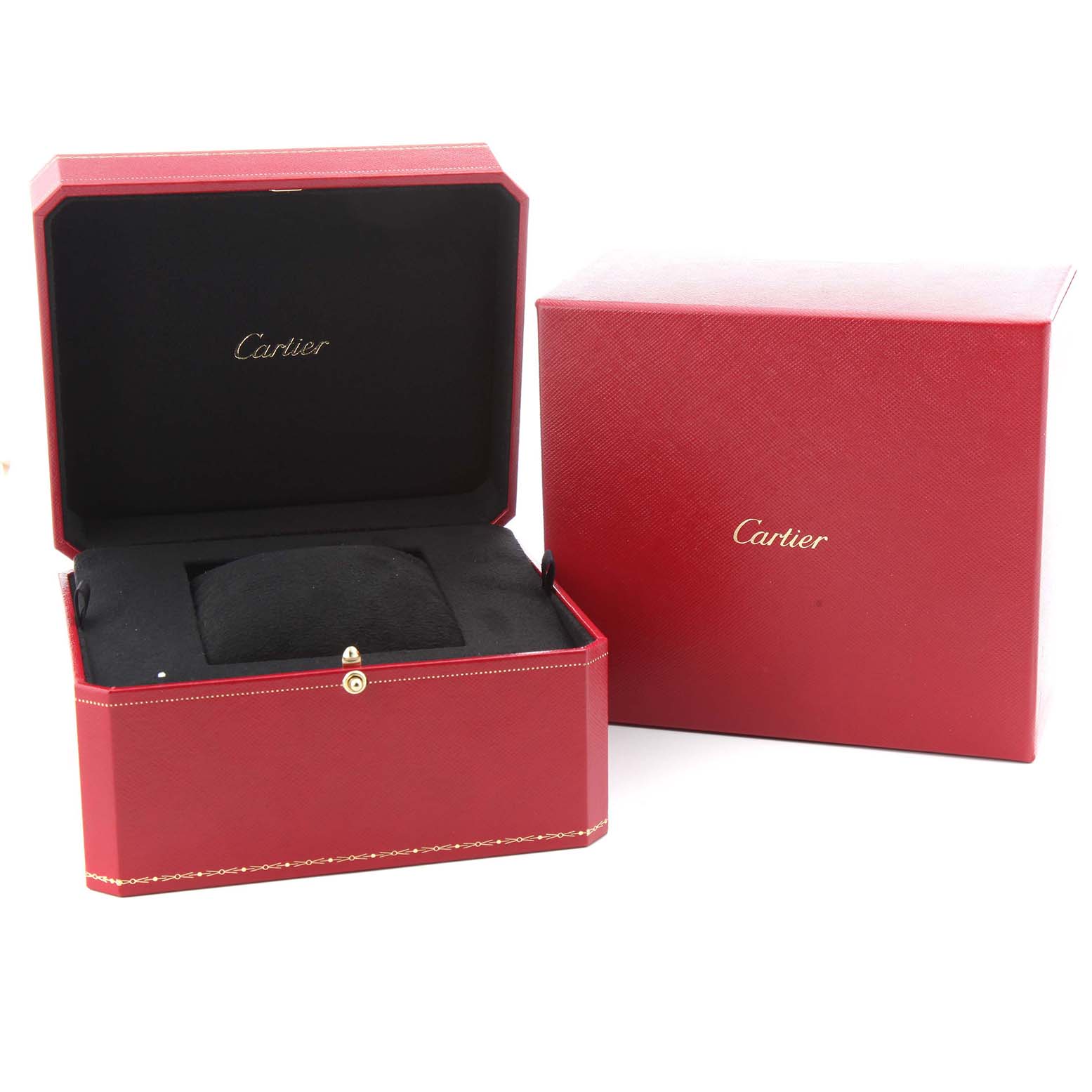 The image shows an open Cartier Santos W20099C4 Men's Steel and Gold (two tone) Silver Dial watch box with a cushion inside and an accompanying red outer box.