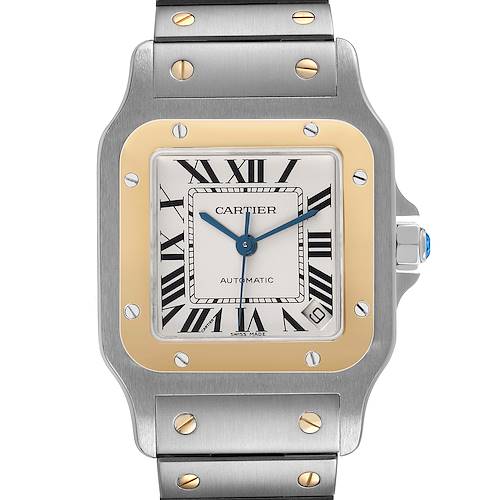 The Cartier Santos W20099C4 Men's Steel and Gold (two tone) Silver Dial watch is shown from the front, highlighting its face, bezel, and part of the bracelet.