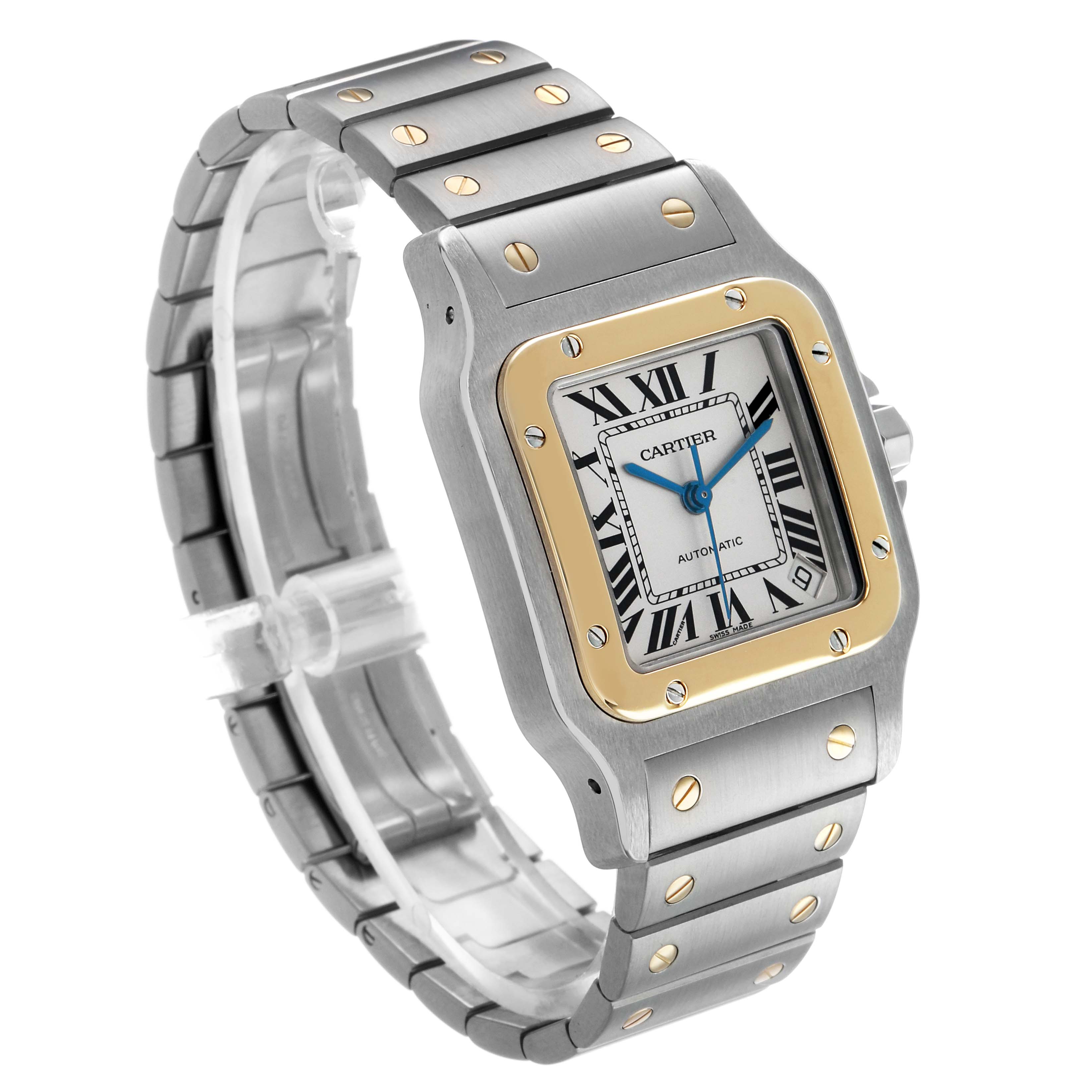 The Cartier Santos W20099C4 Men's Steel and Gold (two tone) Silver Dial watch is shown at a three-quarter angle, highlighting the face, bezel, and bracelet.