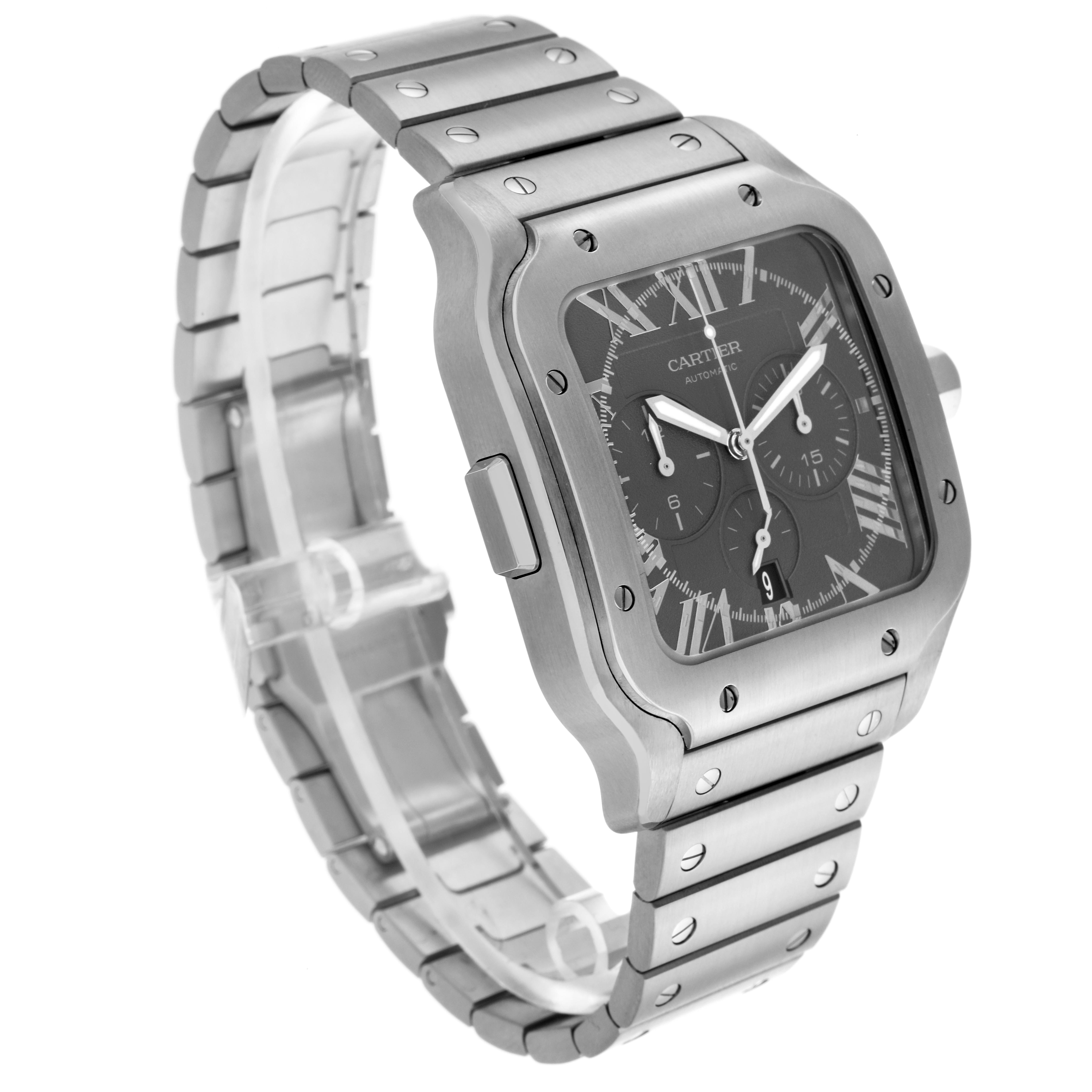 The Cartier Santos WSSA0078 Men's Stainless Steel Grey Dial WSSA0078 Men's Stainless Steel Grey Dial watch is shown at a three-quarter angle displaying the case, bezel, dial, bracelet, and screws.