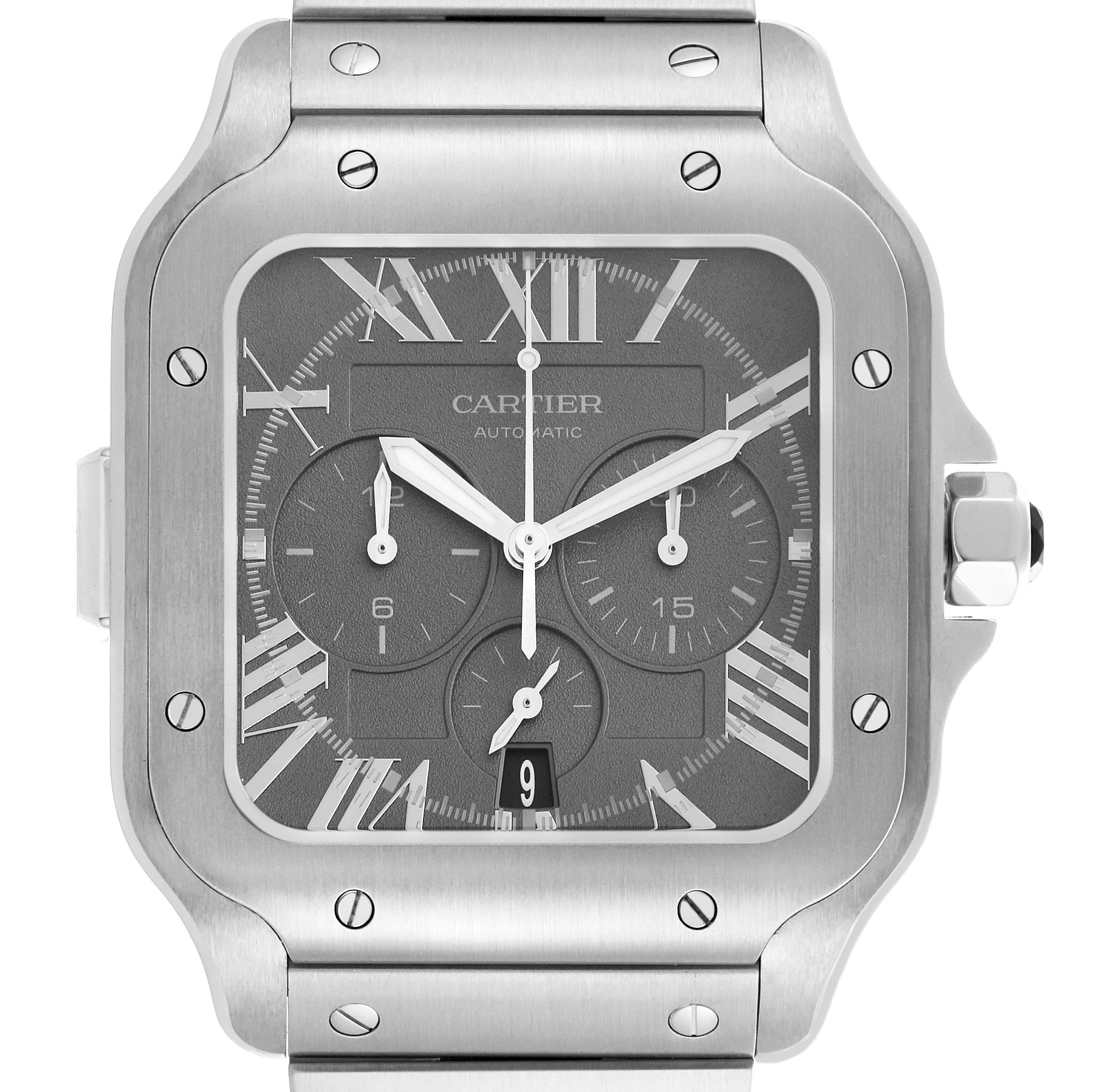 The image shows a frontal view of the Cartier Santos WSSA0078 Men's Stainless Steel Grey Dial WSSA0078 Men's Stainless Steel Grey Dial watch, highlighting the dial, bezel, and part of the bracelet.
