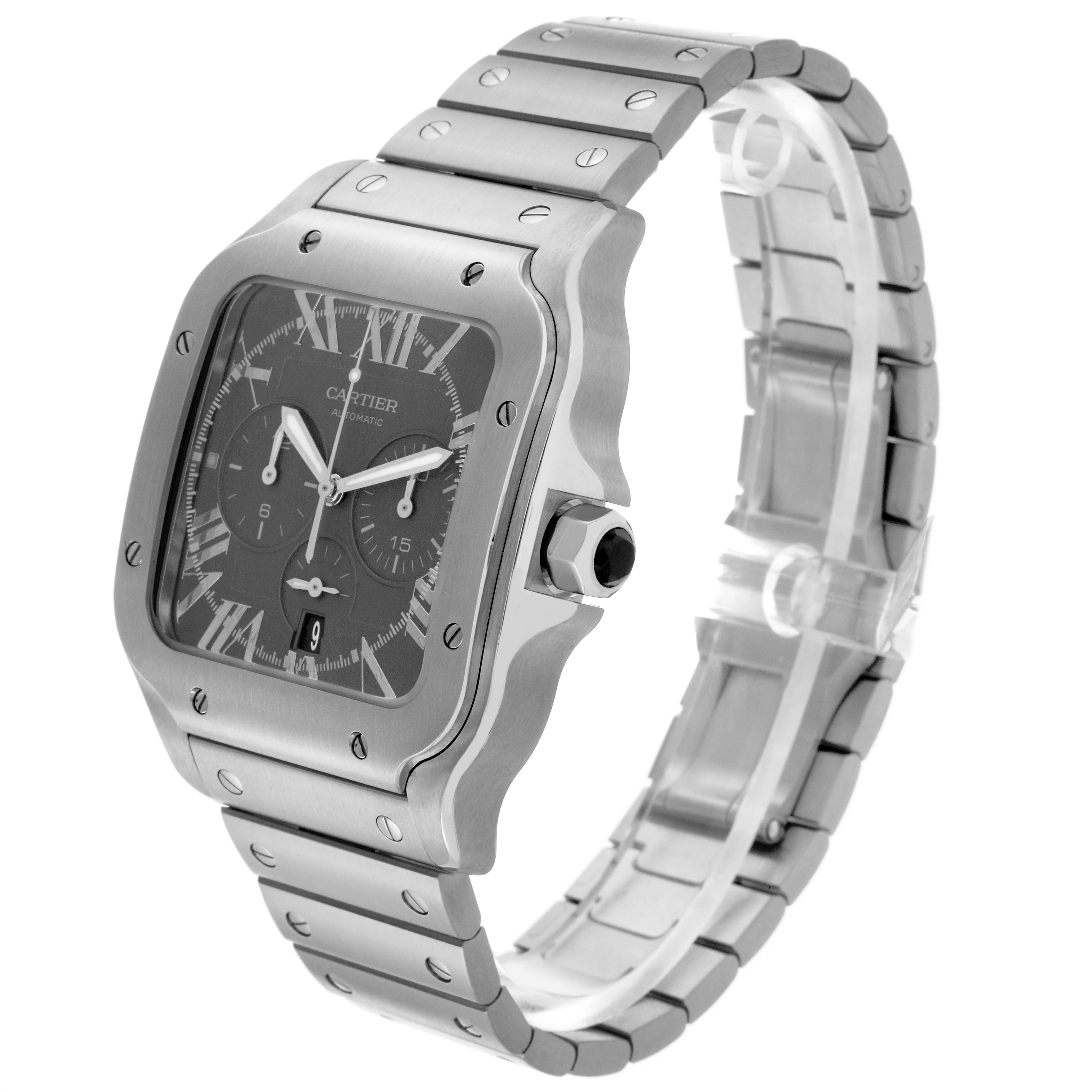 The Cartier Santos WSSA0078 Men's Stainless Steel Grey Dial WSSA0078 Men's Stainless Steel Grey Dial watch is shown at a three-quarter angle, displaying the face, bezel, chronograph dials, and stainless steel bracelet.