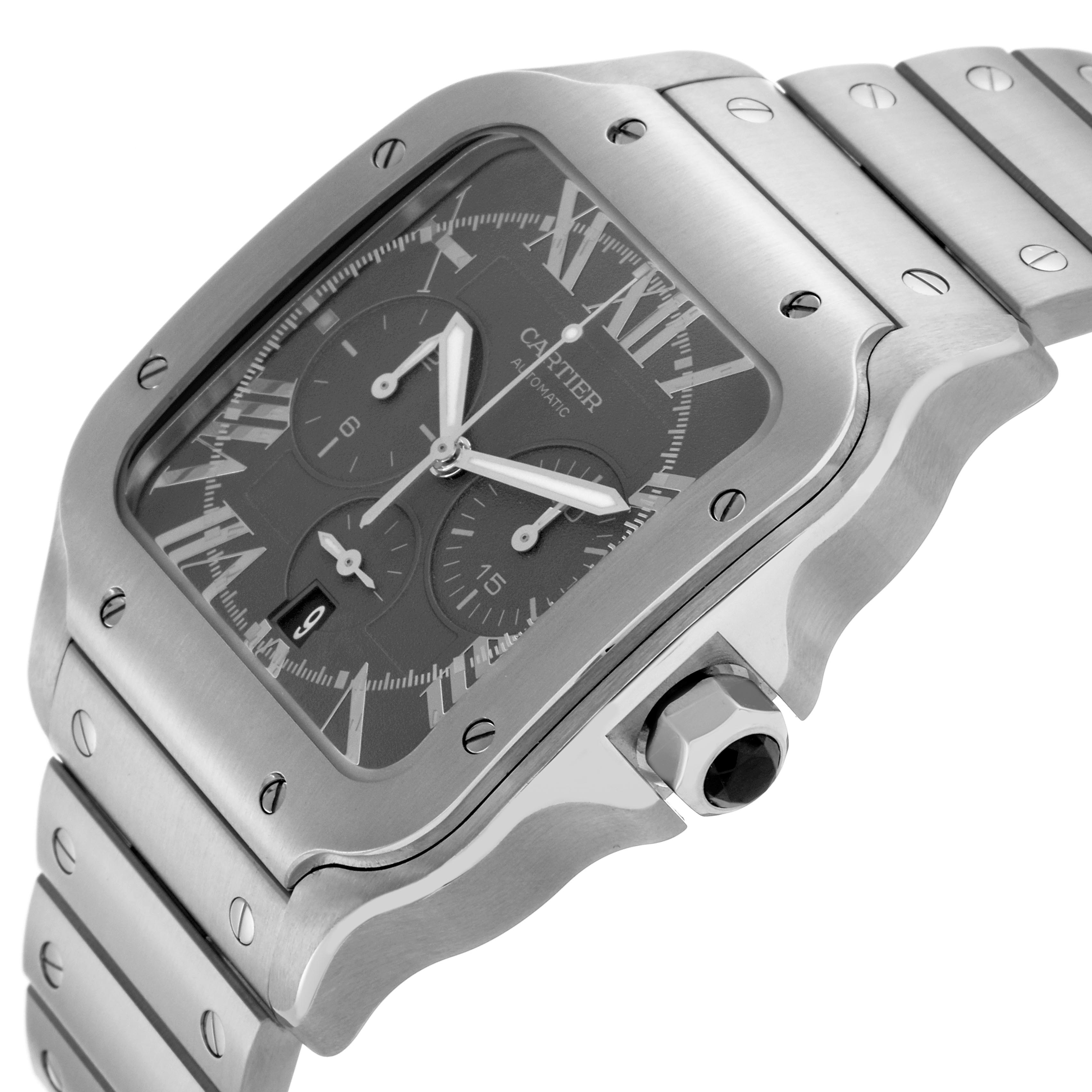 The Cartier Santos WSSA0078 Men's Stainless Steel Grey Dial WSSA0078 Men's Stainless Steel Grey Dial watch is shown at an angle highlighting its square face, bezel screws, chronograph dials, and metal bracelet.