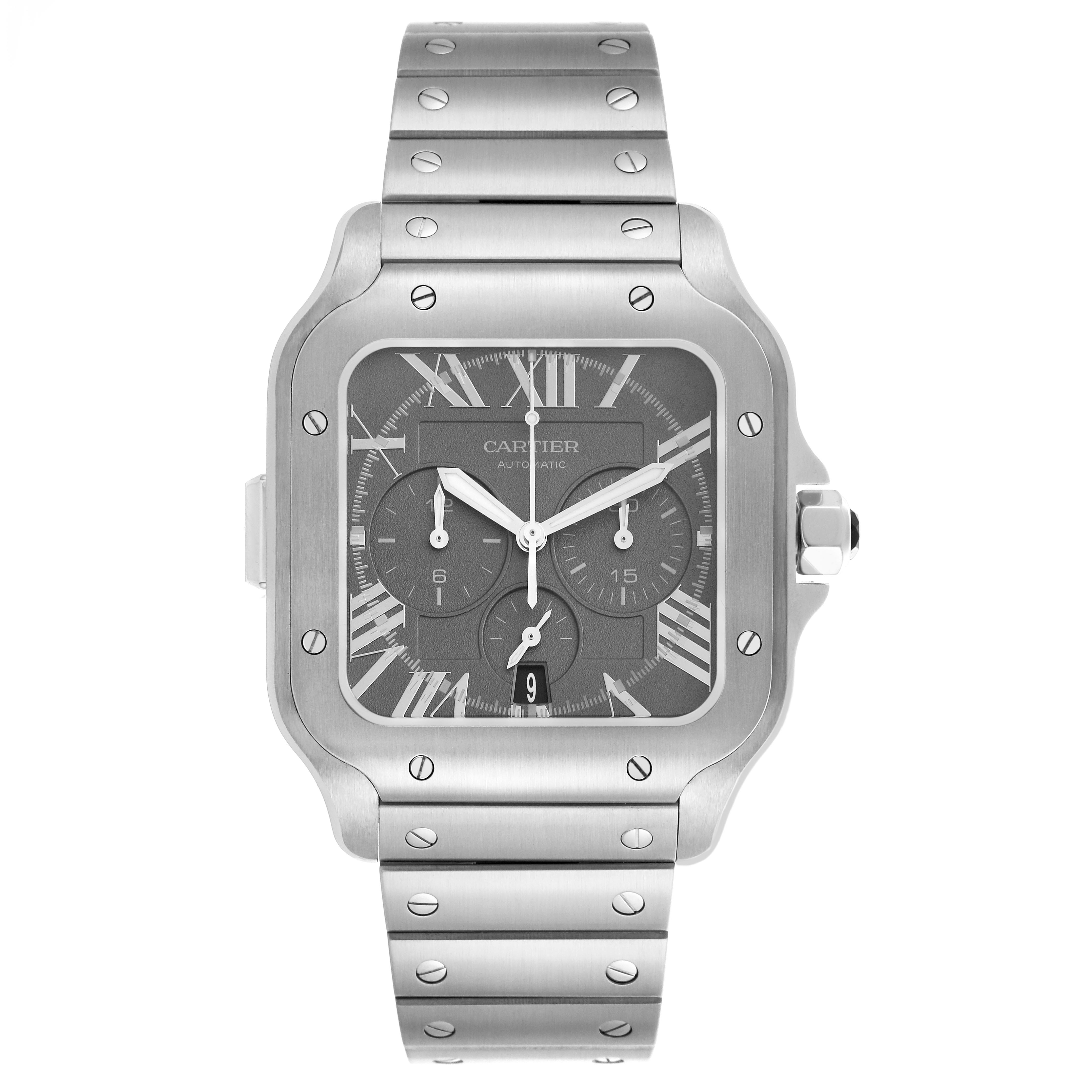 The Cartier Santos WSSA0078 Men's Stainless Steel Grey Dial WSSA0078 Men's Stainless Steel Grey Dial watch is shown from the front, displaying its face, bezel, and metal bracelet.