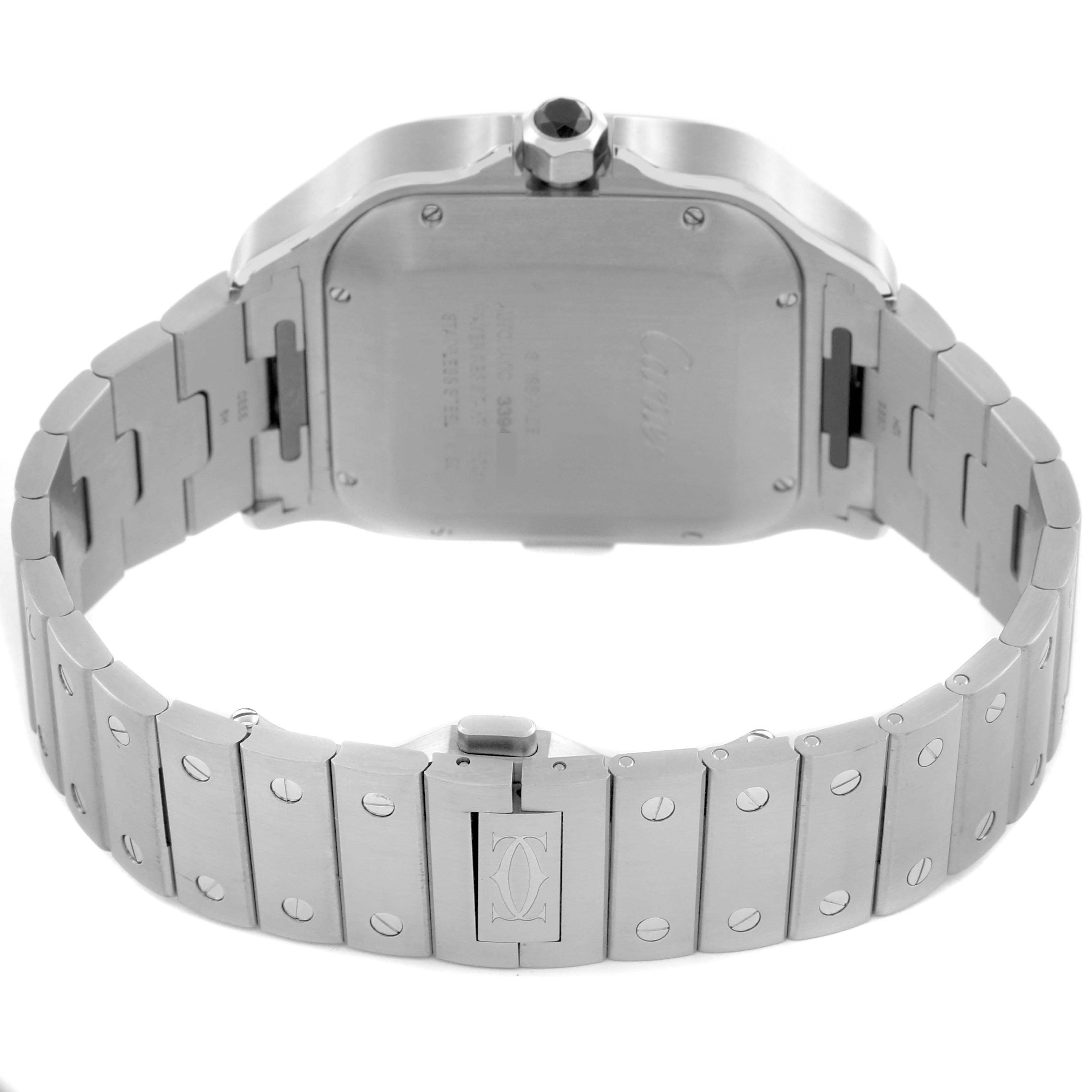 The Cartier Santos WSSA0078 Men's Stainless Steel Grey Dial WSSA0078 Men's Stainless Steel Grey Dial watch is shown from the back, displaying its case back, crown, and metal bracelet.