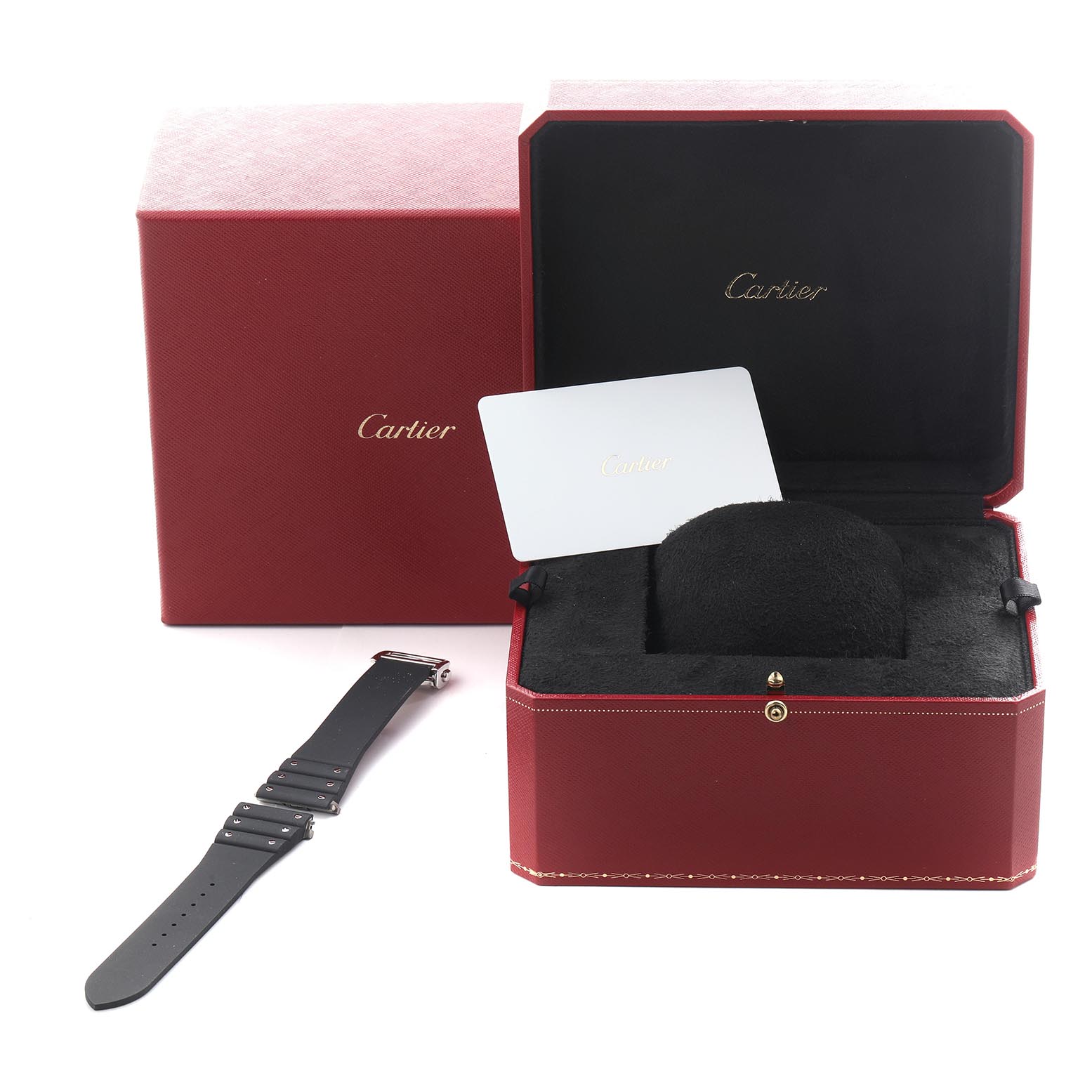 The image shows a Cartier Santos WSSA0078 Men's Stainless Steel Grey Dial WSSA0078 Men's Stainless Steel Grey Dial watch box, an extra strap, and a card from a frontal angle.