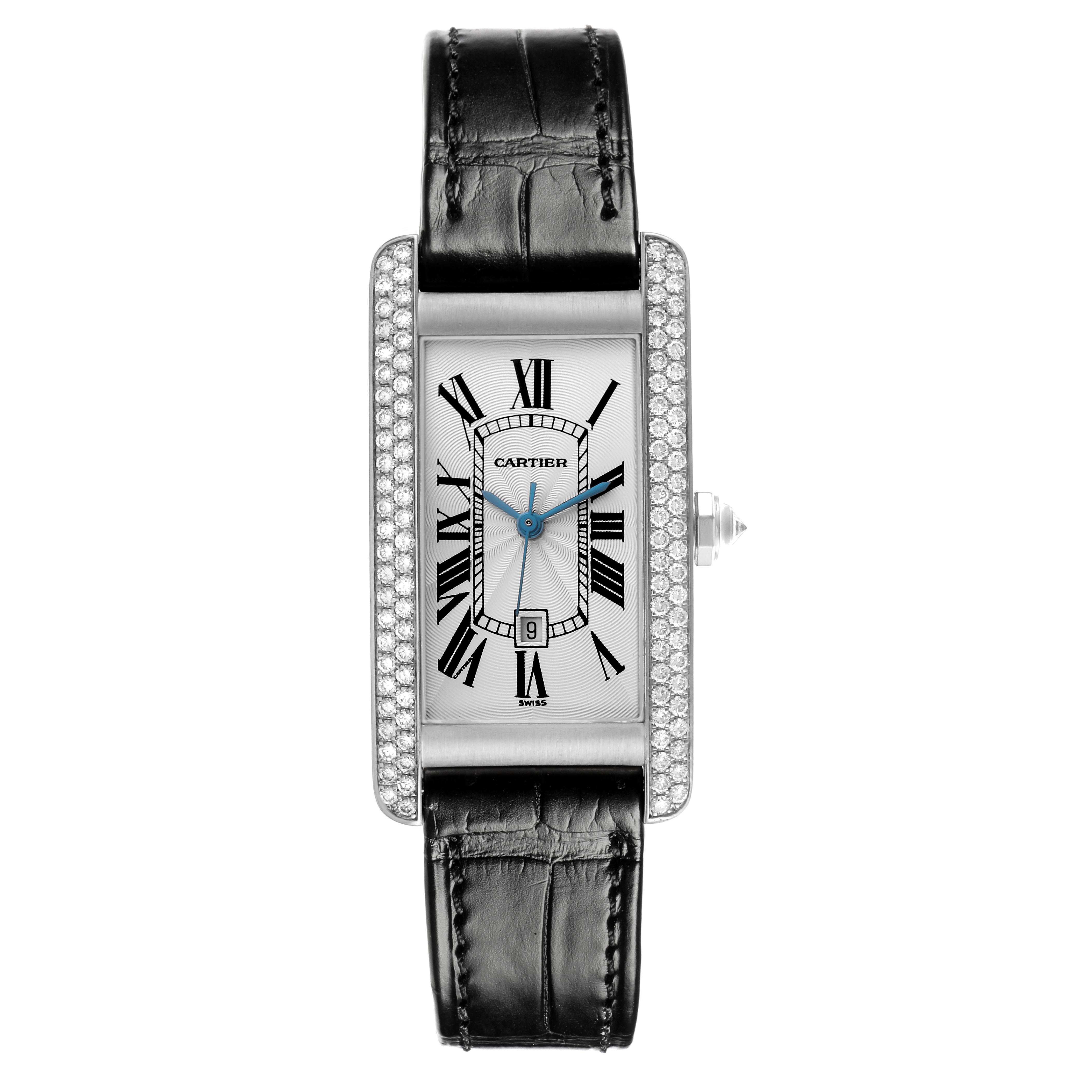 The Cartier Tank Américaine watch is shown from a top view, displaying its face, bezel, and leather strap.