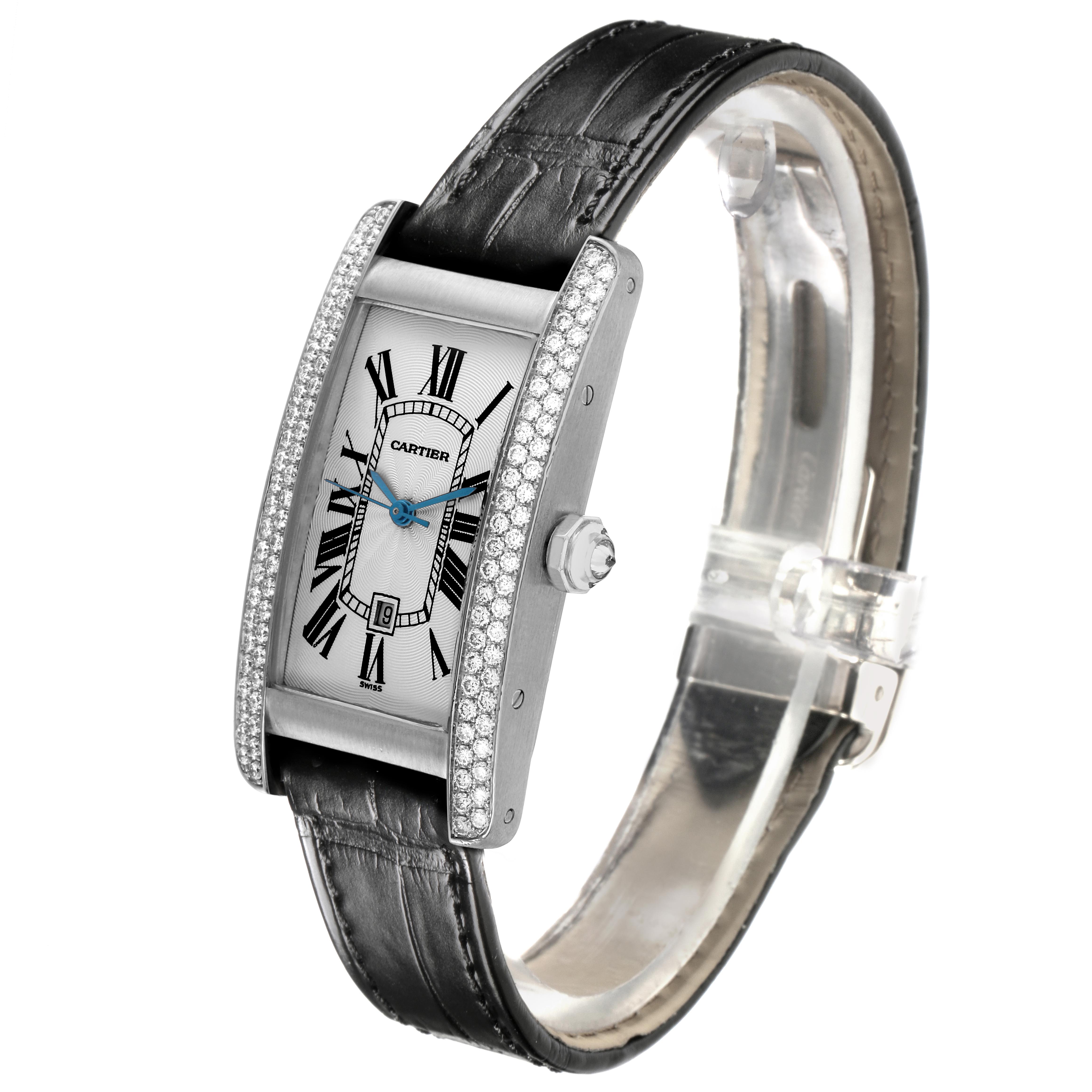 The Cartier Tank Americaine WB702651 Women's White Gold Silver Dial WB702651 Women's White Gold Silver Dial watch is shown at an angled side view, highlighting the face, diamond-set bezel, crown, and leather strap.