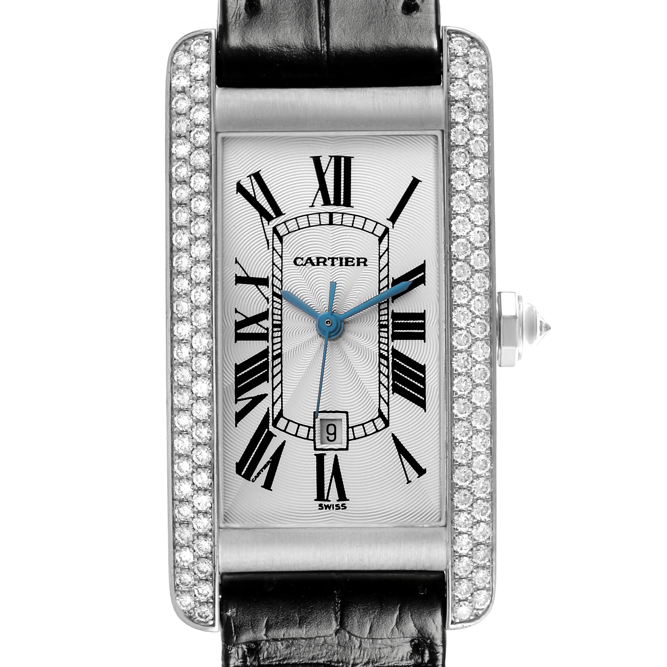 The Cartier Tank Americaine WB702651 Women's White Gold Silver Dial WB702651 Women's White Gold Silver Dial watch is shown from the front, displaying its rectangular dial, Roman numerals, and diamond-set case.