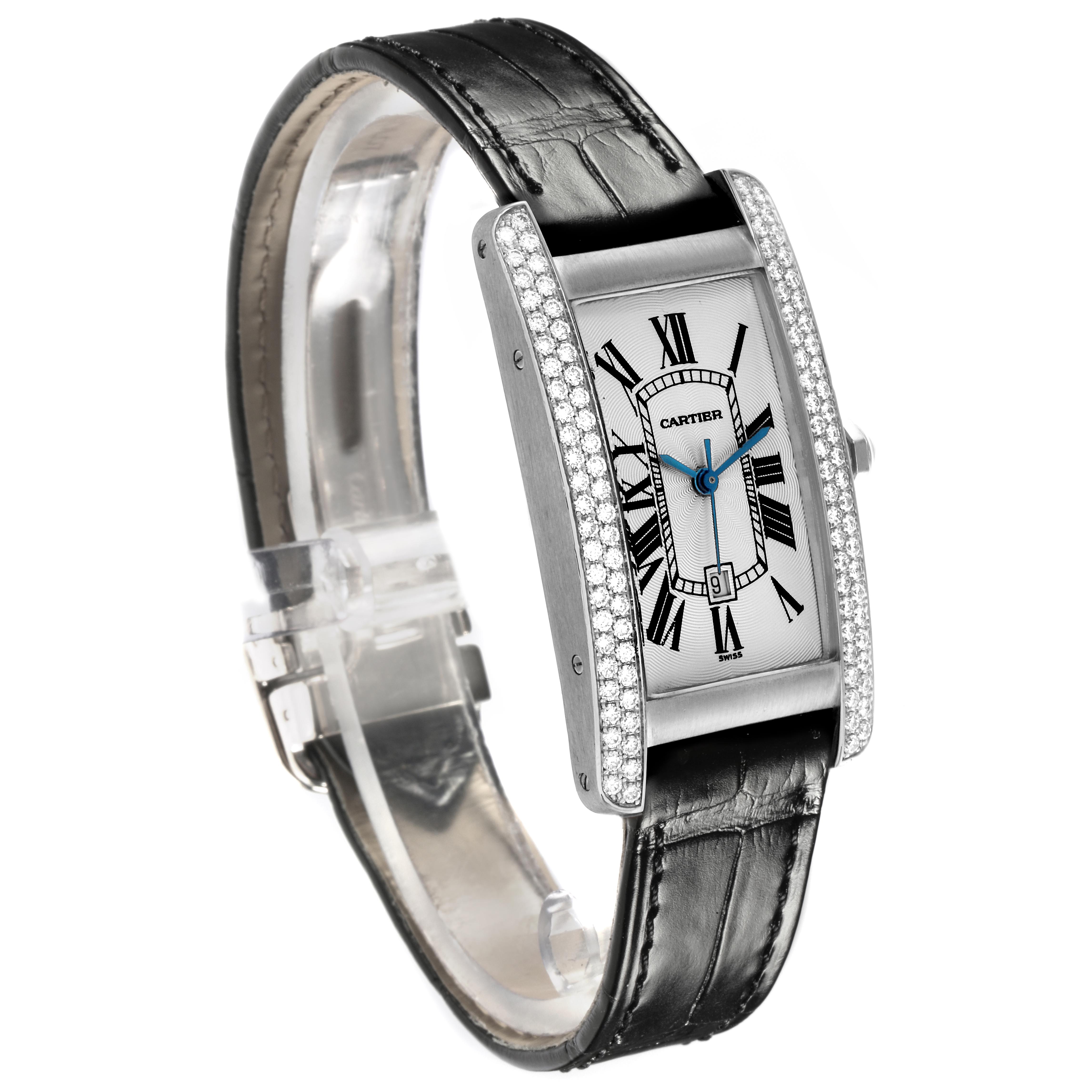 The Cartier Tank Americaine WB702651 Women's White Gold Silver Dial WB702651 Women's White Gold Silver Dial watch is shown at an angled view, highlighting its rectangular face, black leather strap, and diamond-set bezel.