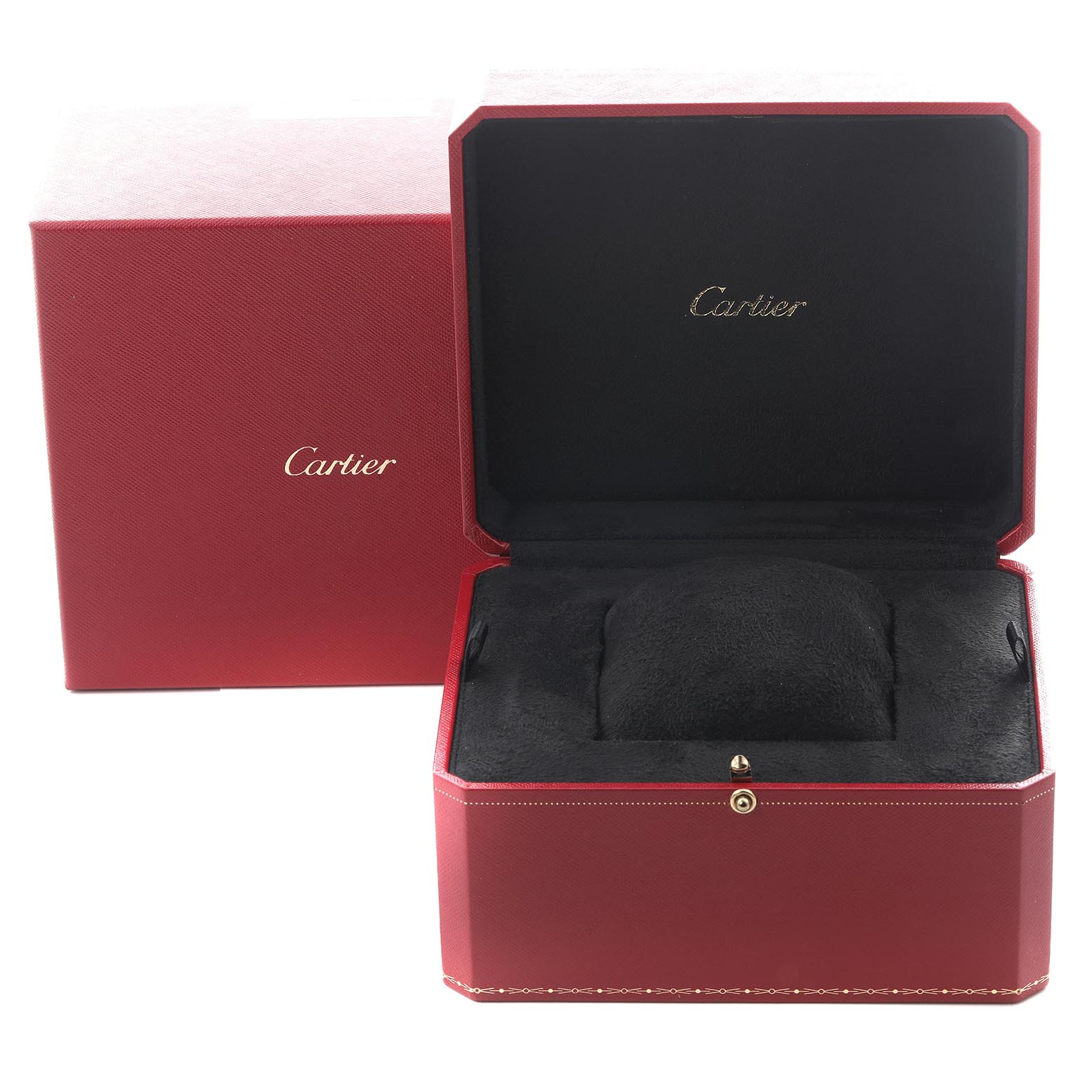 The image shows an open and closed Cartier Tank Americaine WB702651 Women's White Gold Silver Dial WB702651 Women's White Gold Silver Dial watch box in red with gold branding and black interior.