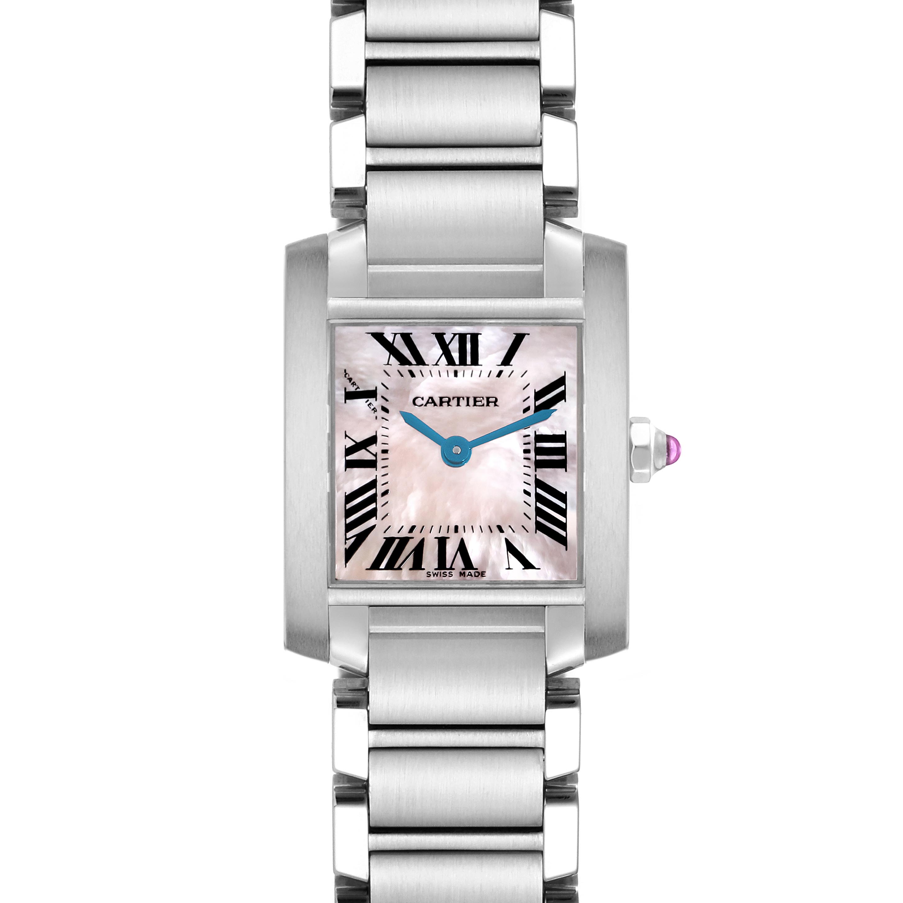 The Cartier Tank Française watch is shown from a front angle, displaying its face, bracelet, and crown with a blue gemstone.