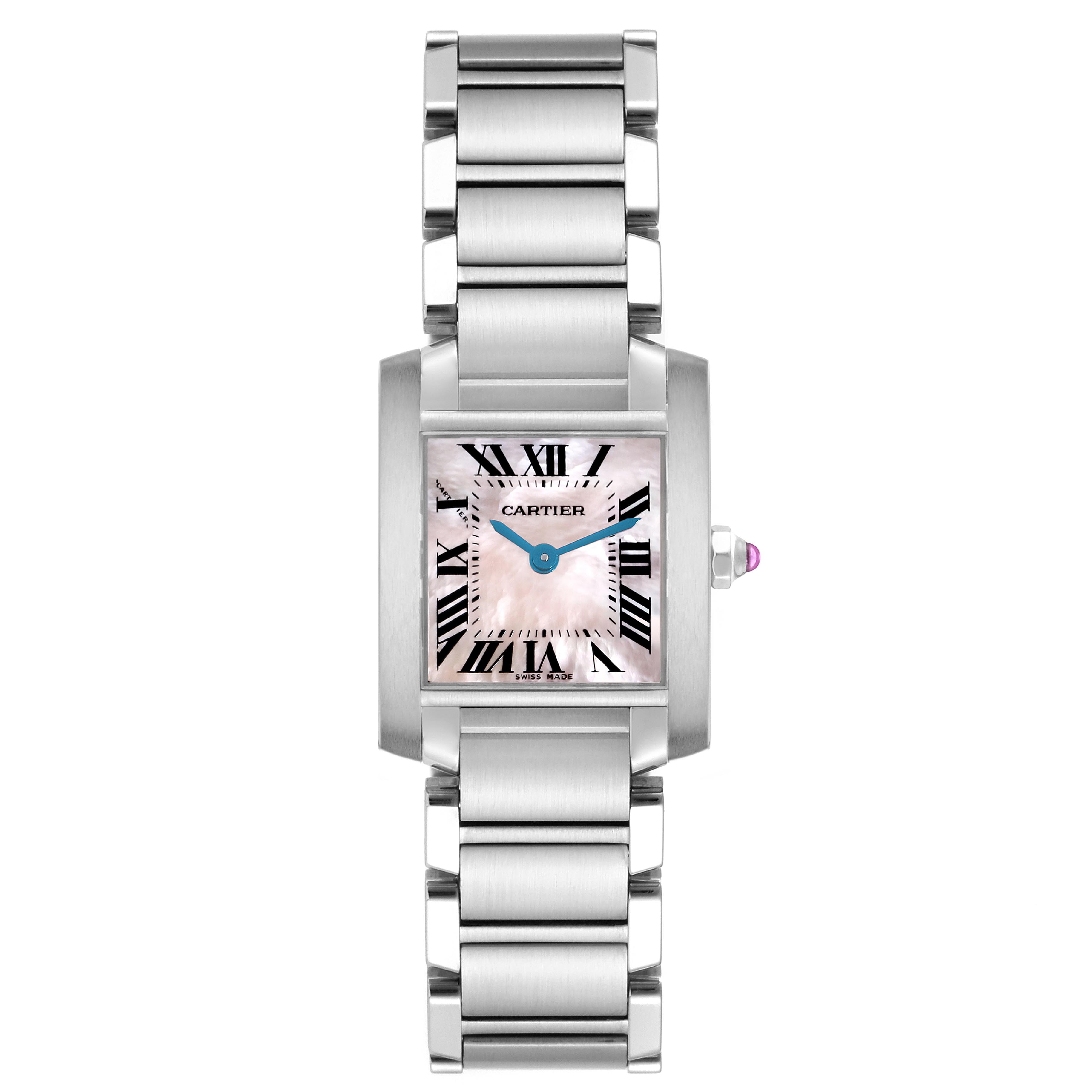 The Cartier Tank Francaise W51028Q3 Women's Stainless Steel Mother of Pearl Dial W51028Q3 Women's Stainless Steel Mother of Pearl Dial watch is shown from the front, displaying the face, bracelet, and crown with a pink gemstone.