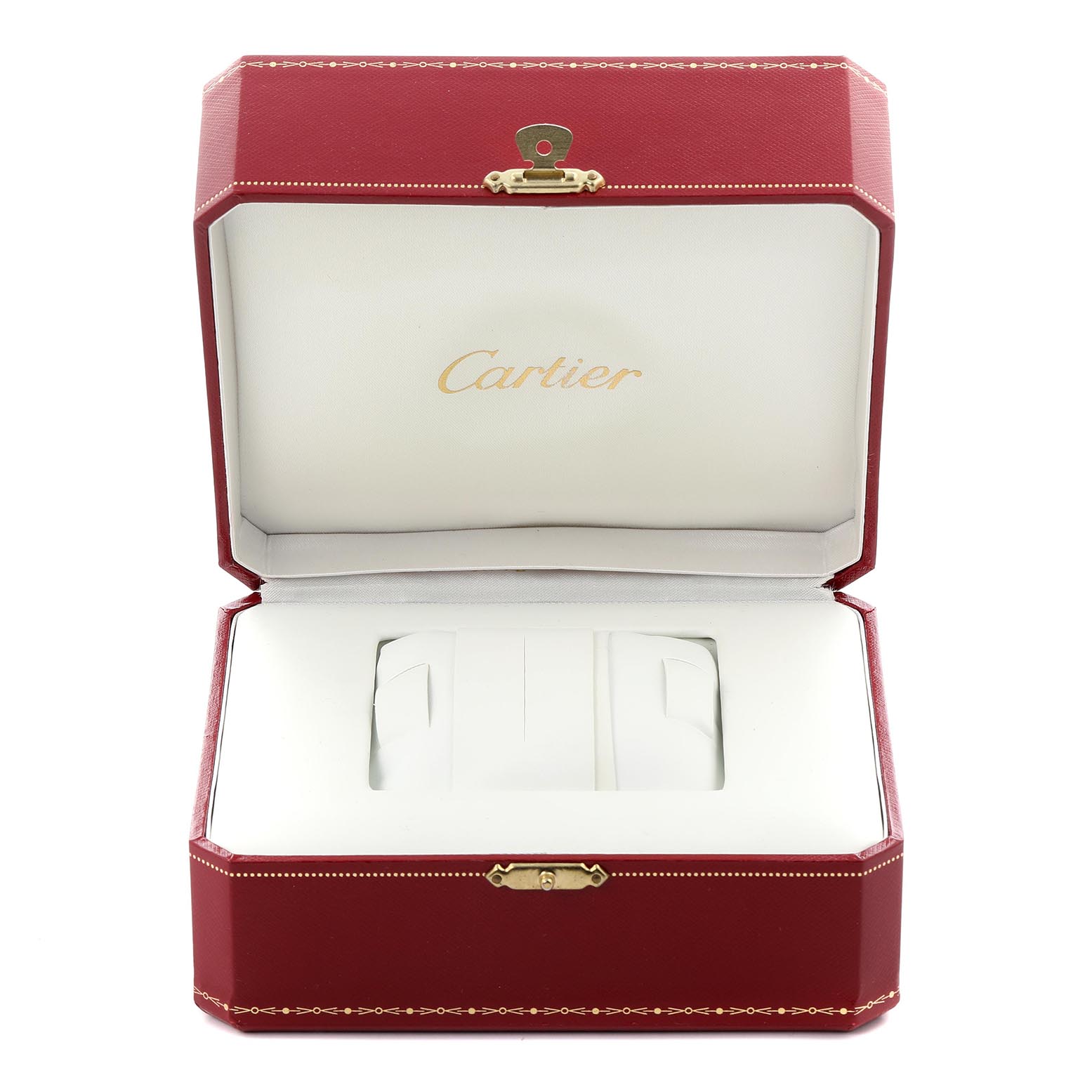 The image shows an open Cartier Tank Francaise W51028Q3 Women's Stainless Steel Mother of Pearl Dial W51028Q3 Women's Stainless Steel Mother of Pearl Dial watch box with the brand's logo inside.