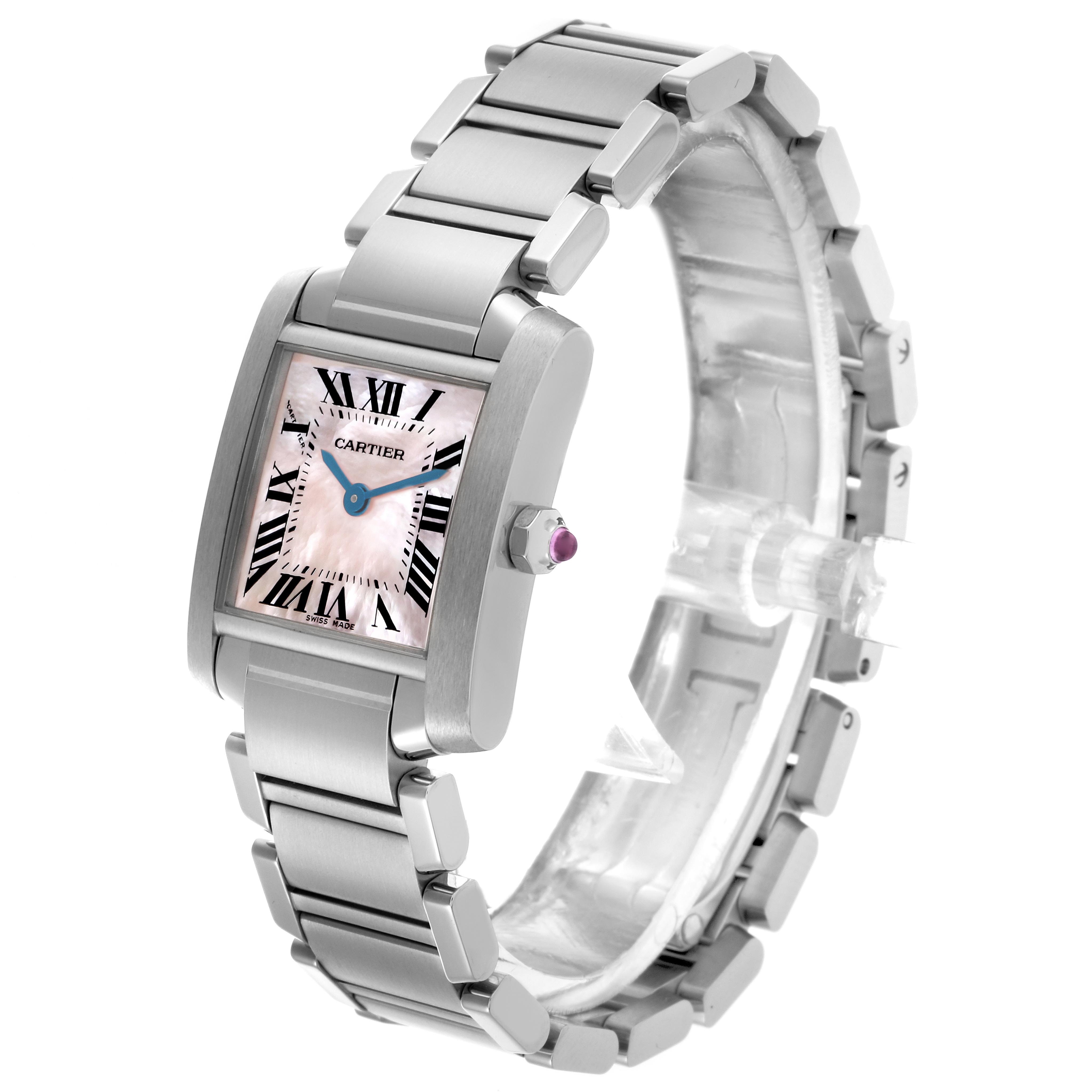 The Cartier Tank Française watch is shown at a slightly tilted angle, displaying the face and bracelet in full view.