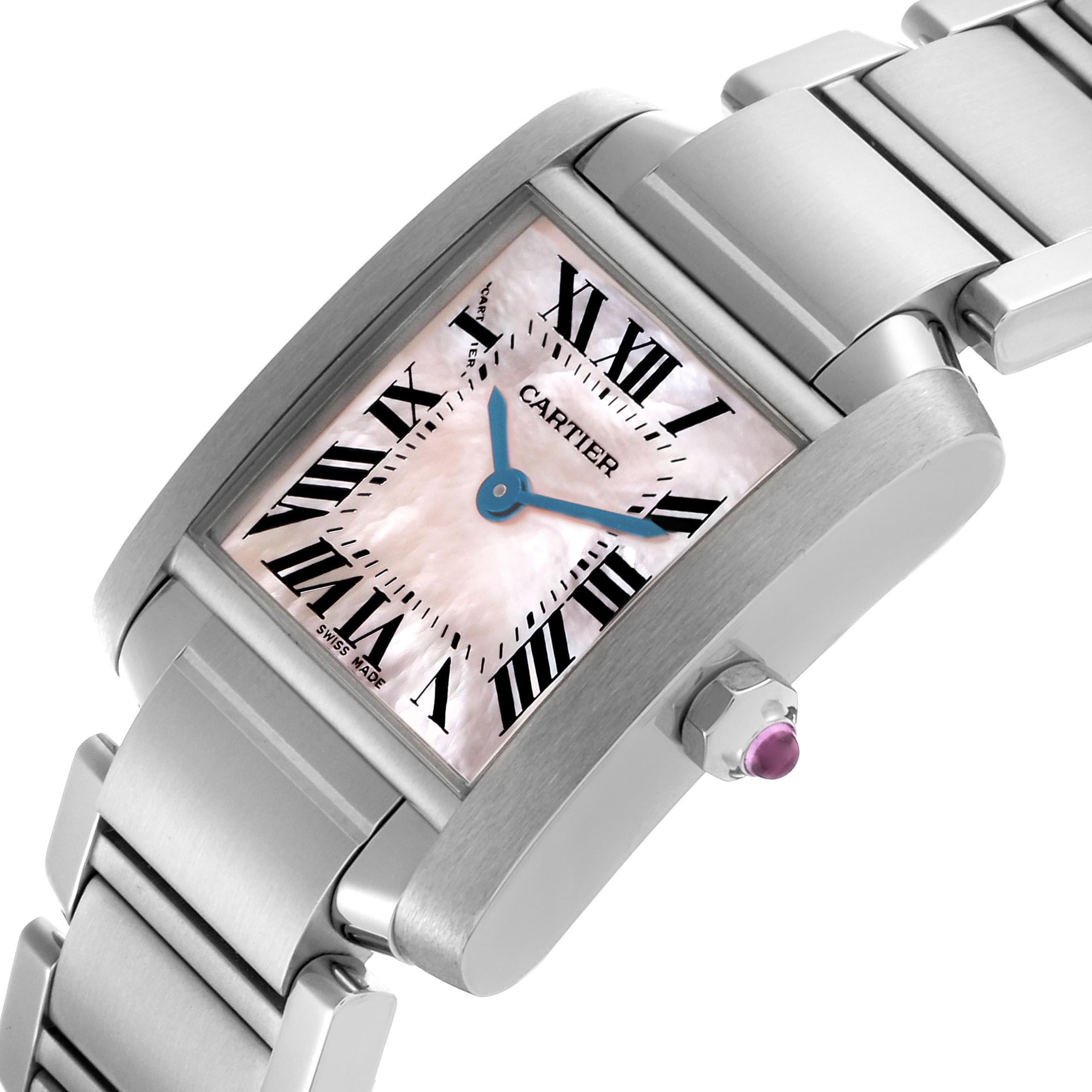 The Cartier Tank Française watch is shown at an angled side view, highlighting the case, bracelet, dial, and crown with cabochon.