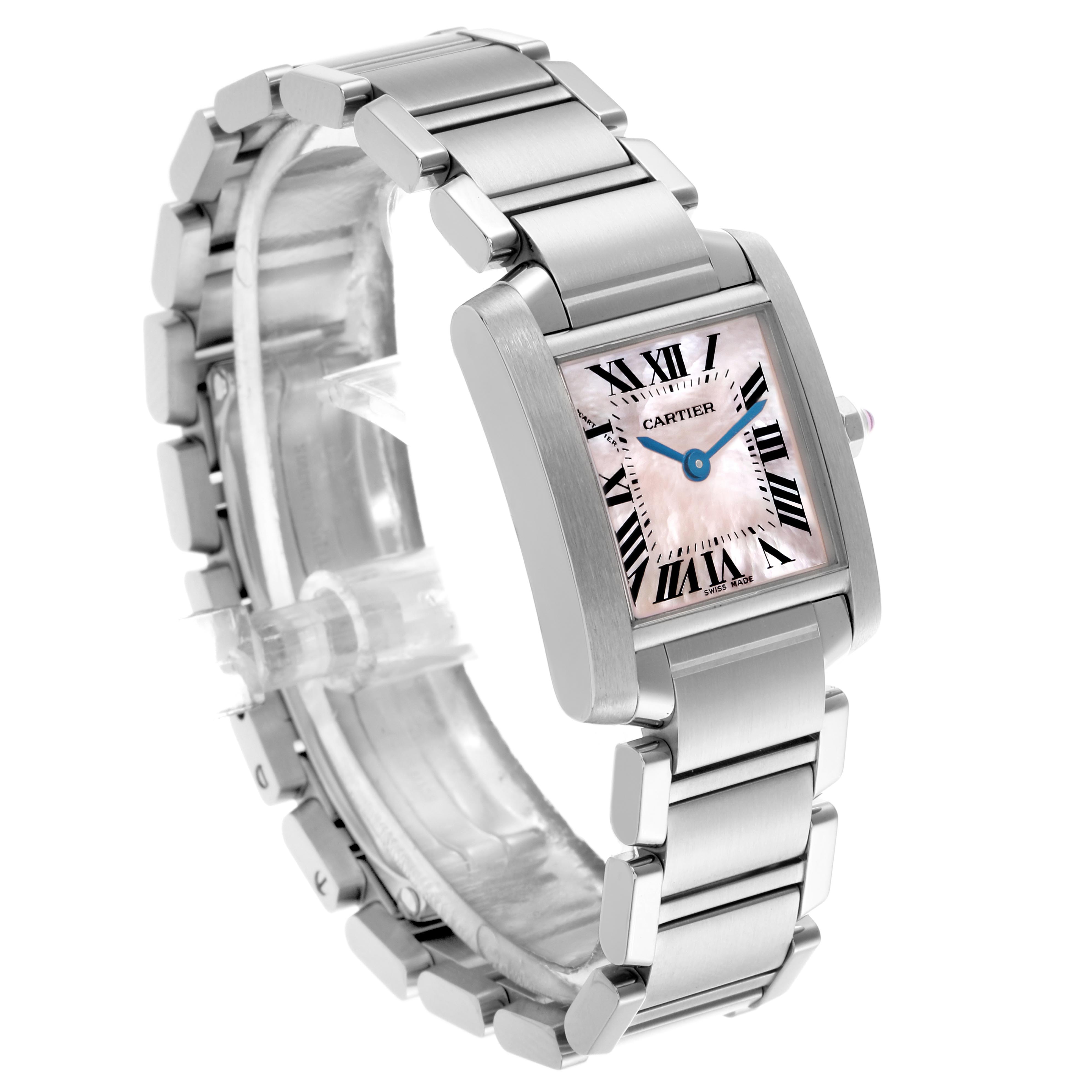The image shows a Cartier Tank Francaise W51028Q3 Women's Stainless Steel Mother of Pearl Dial W51028Q3 Women's Stainless Steel Mother of Pearl Dial watch at a three-quarter angle, highlighting its dial, bracelet, and side profile.