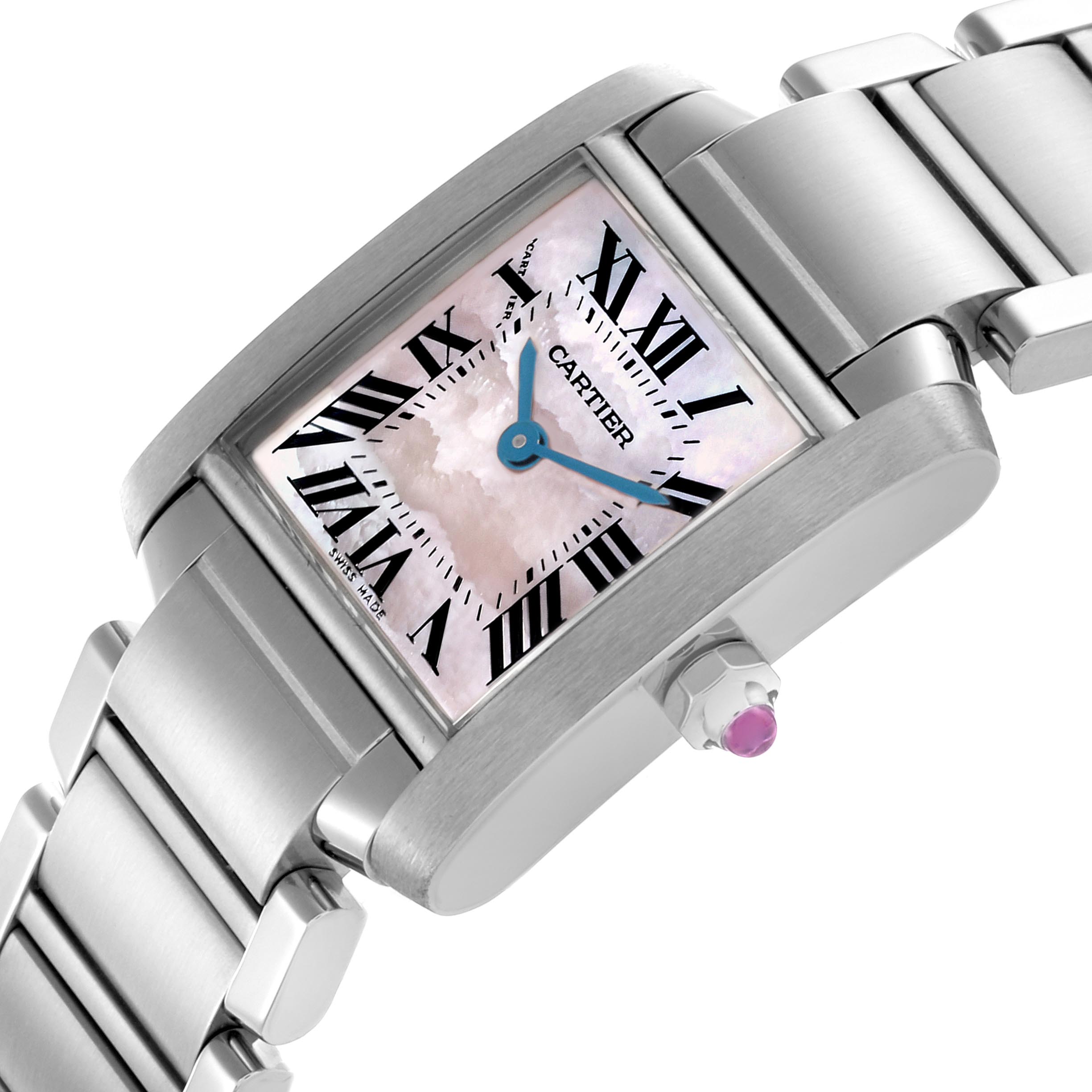 The Cartier Tank Française watch is shown at an angled side view, highlighting its dial, bracelet, and crown.