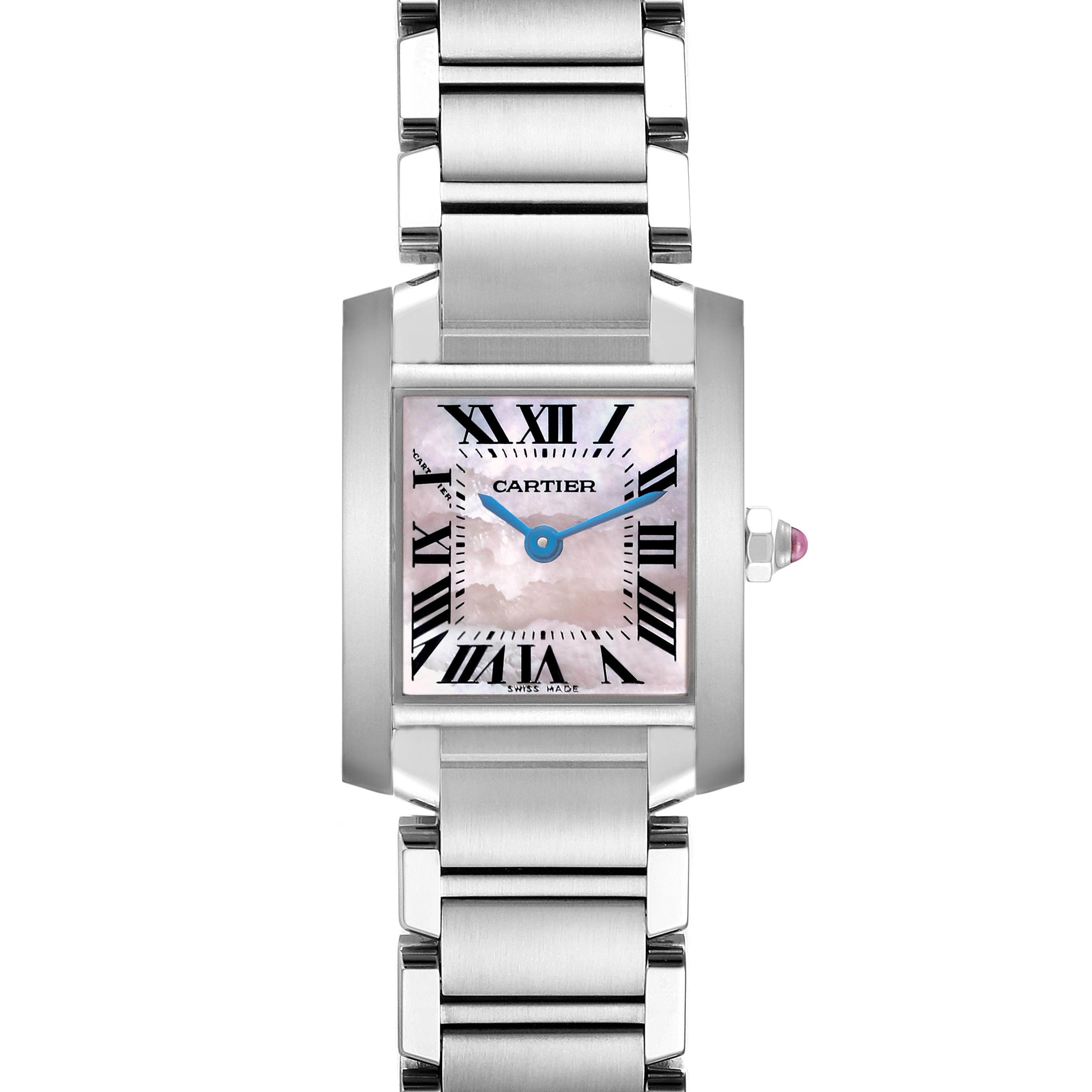 The Cartier Tank Francaise W51028Q3 Women
s Stainless Steel Mother of Pearl Dial W51028Q3 Women
s Stainless Steel Mother of Pearl Dial watch is shown from the front, highlighting its face, Roman numerals, and metal bracelet.