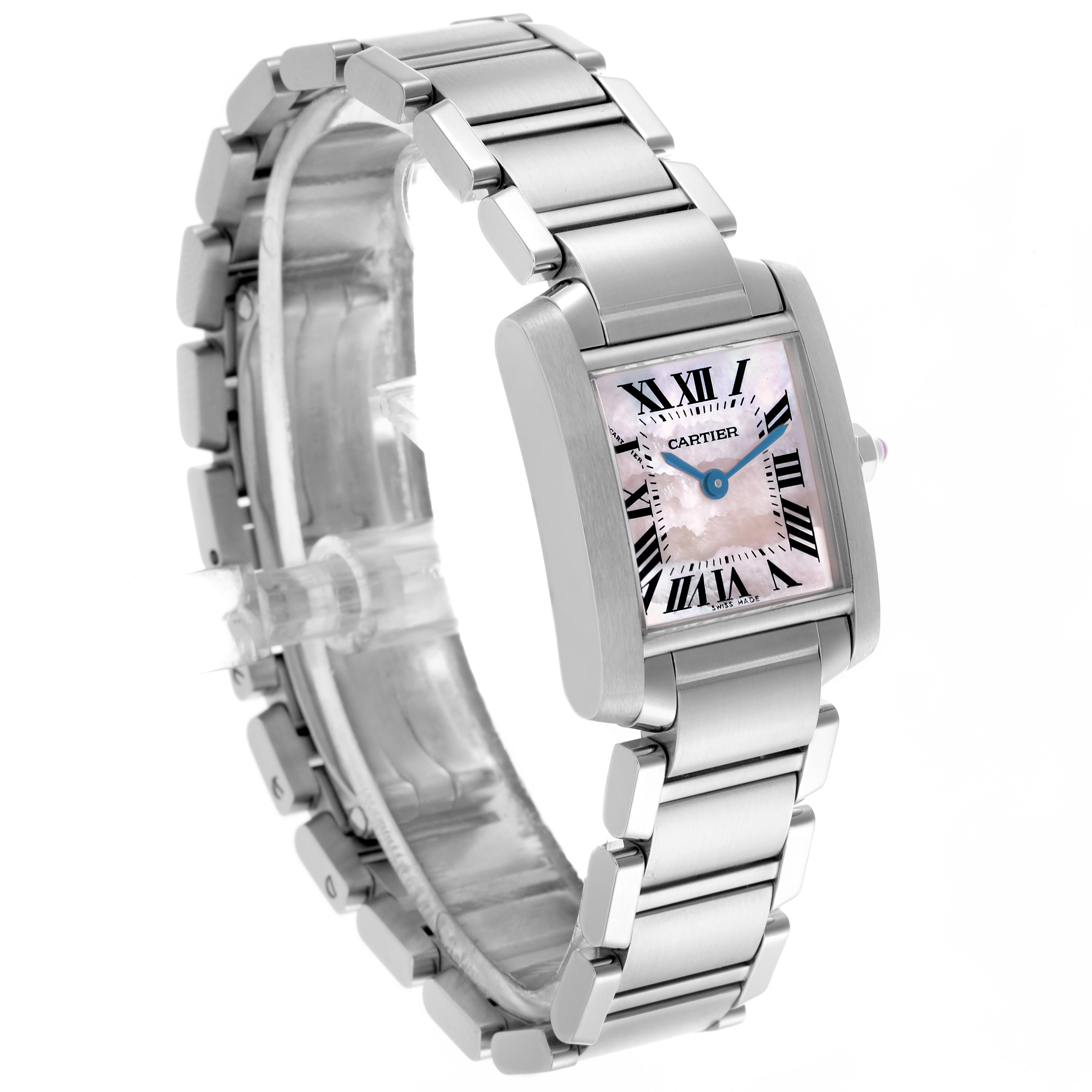 The Cartier Tank Française watch is shown at a three-quarter angle, highlighting its face, bracelet, and side profile.