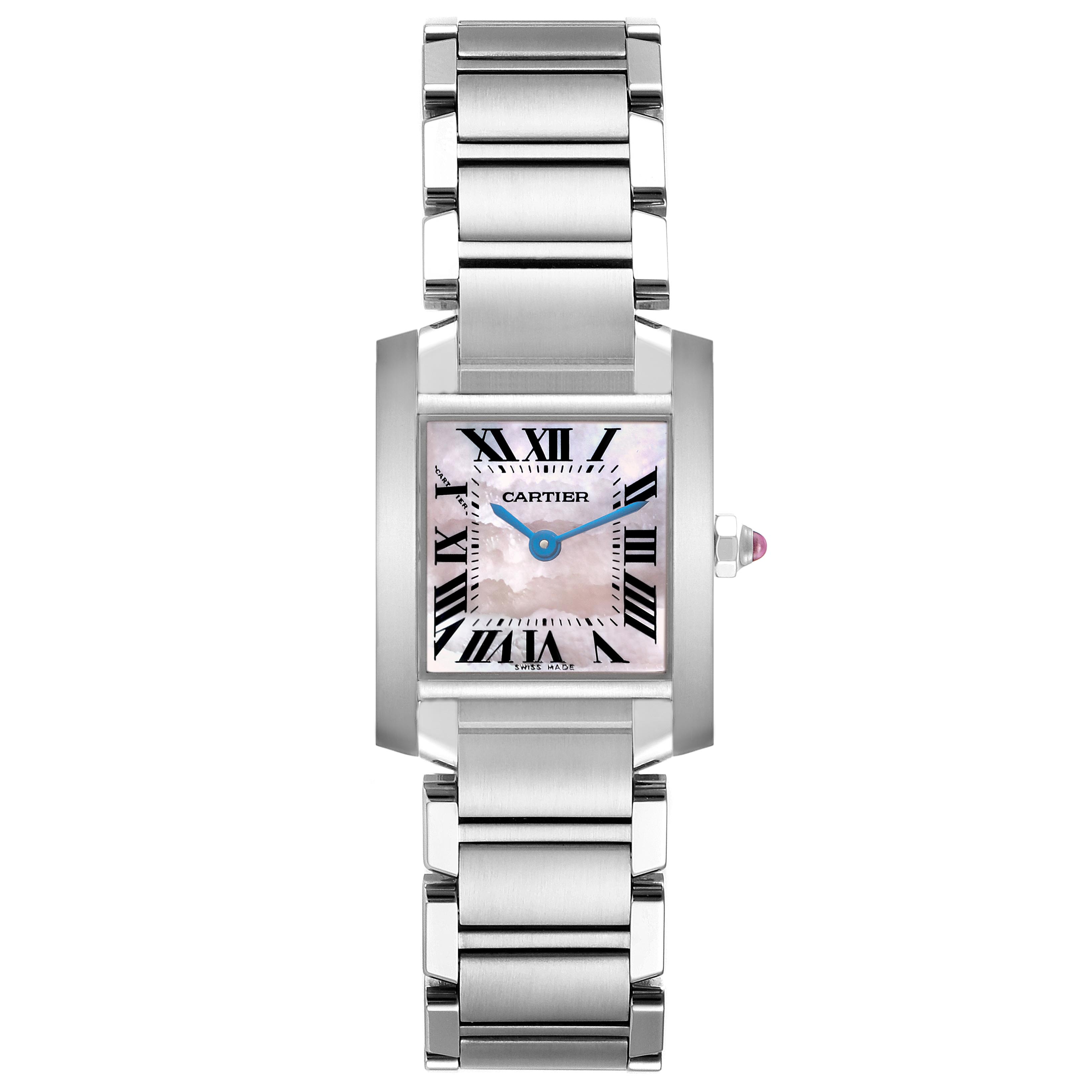 The Cartier Tank Française watch is shown from a front view, displaying the dial, bracelet, and crown.