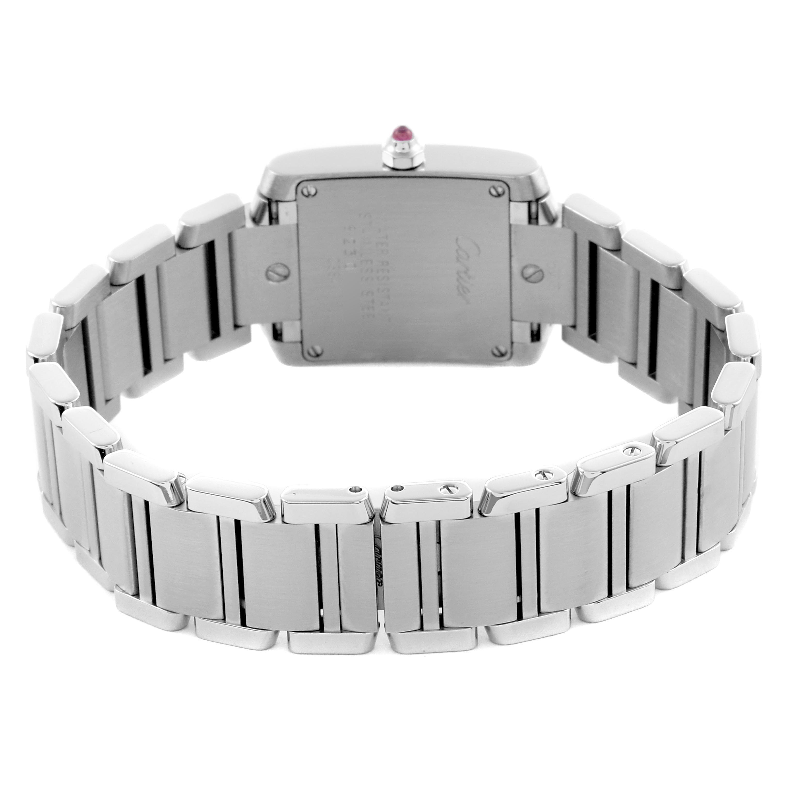 The image shows the back view of the Cartier Tank Française watch, focusing on its metal bracelet and case back.