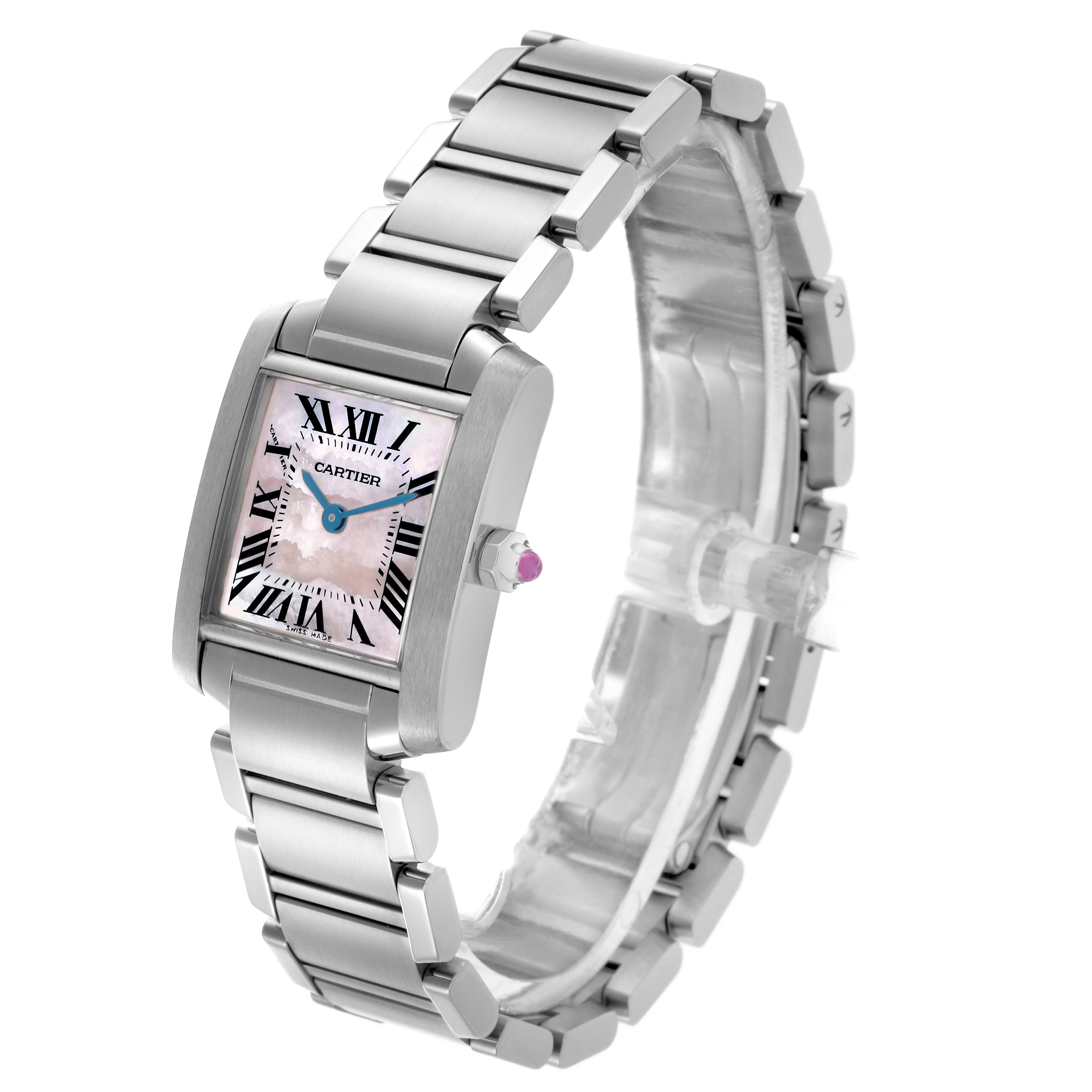 The Cartier Tank Francaise W51028Q3 Women
s Stainless Steel Mother of Pearl Dial W51028Q3 Women
s Stainless Steel Mother of Pearl Dial watch is shown at a slight angle, displaying its face, bracelet, and side, including the crown.