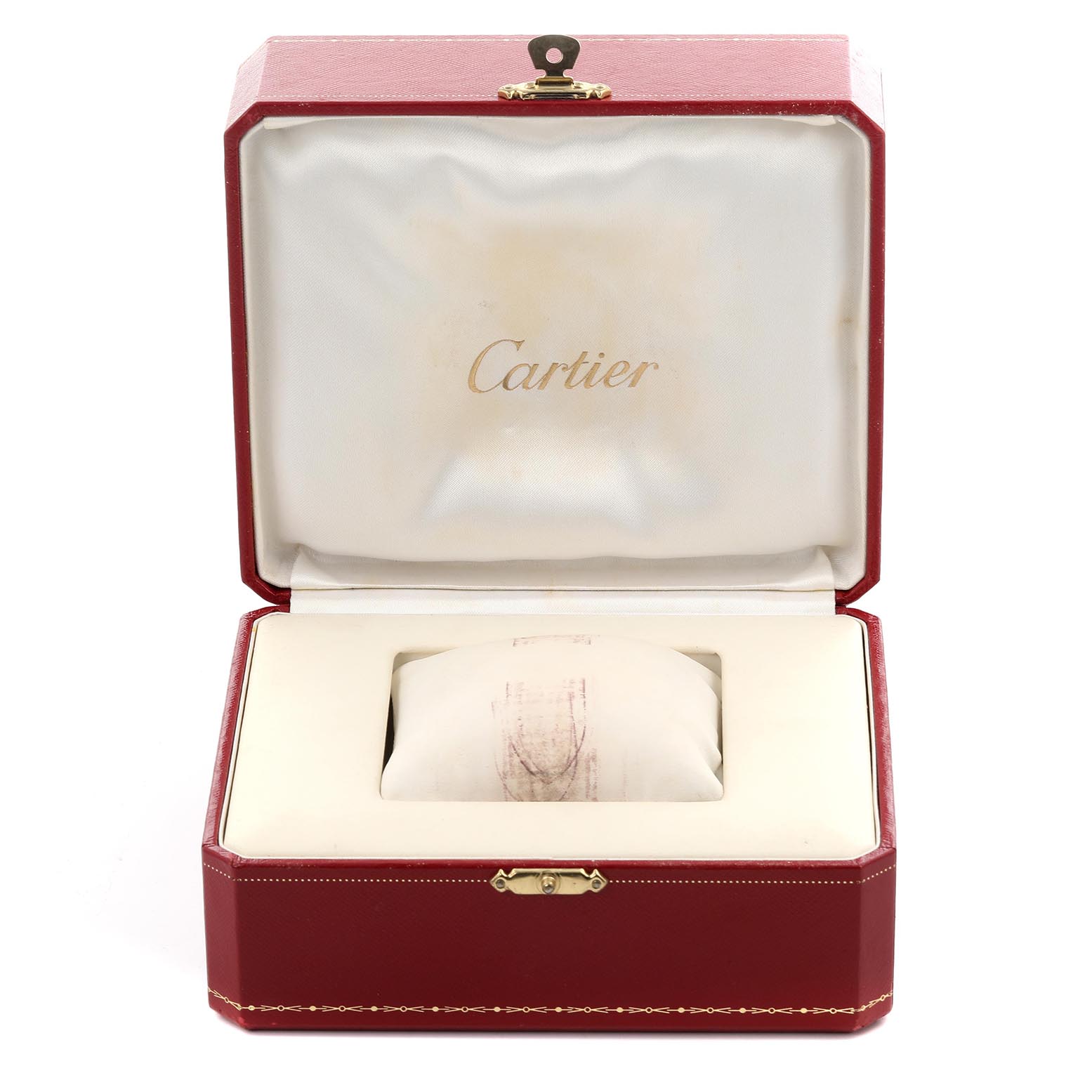 The image shows a Cartier Tank Française watch box open, showcasing the pillow and interior.
