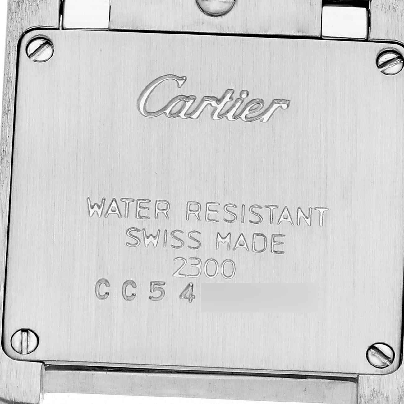 The image shows the backplate of the Cartier Tank Française watch, highlighting its "water-resistant" and "Swiss Made" engravings.