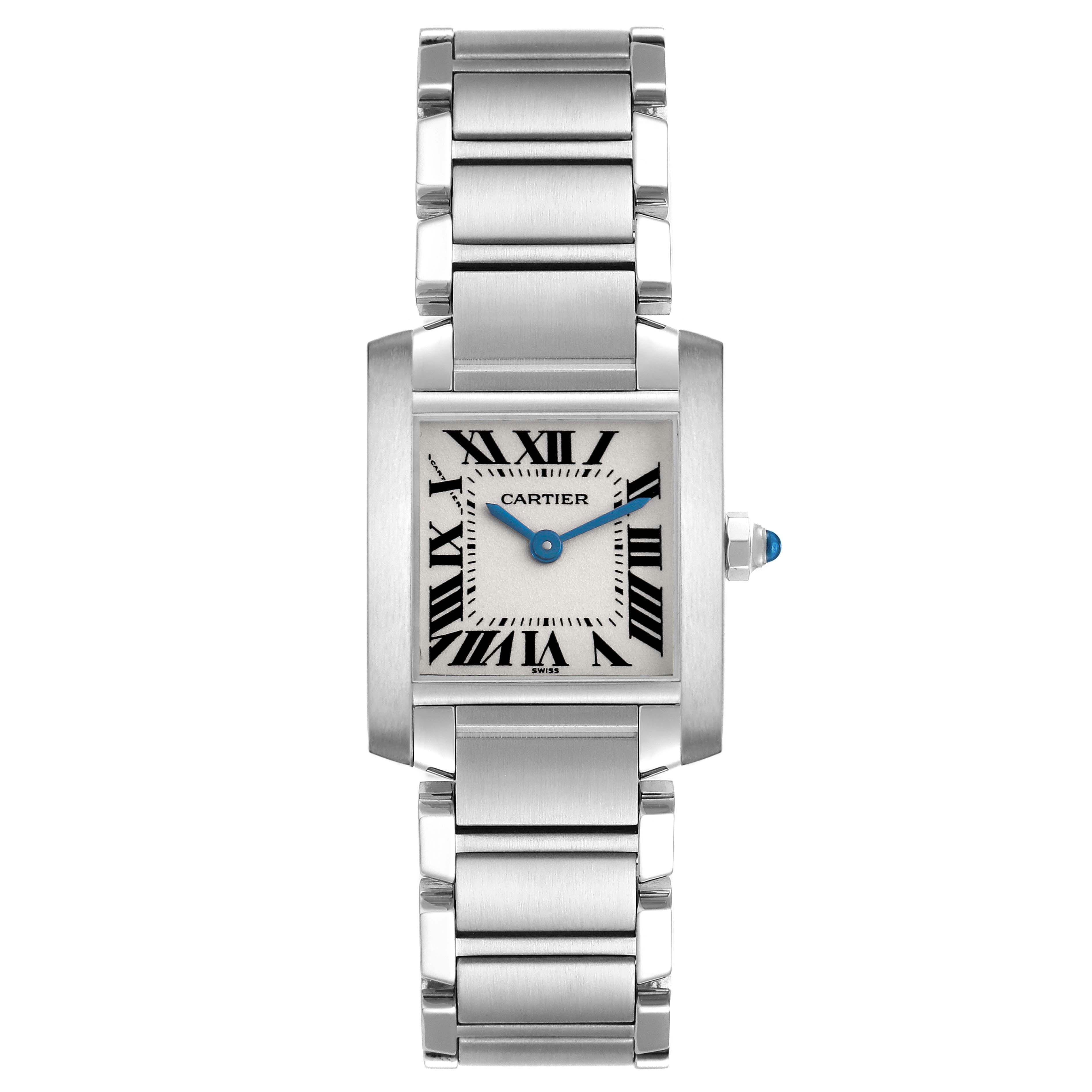 The Cartier Tank Française watch is shown from a front angle, displaying the face, bracelet, and crown.
