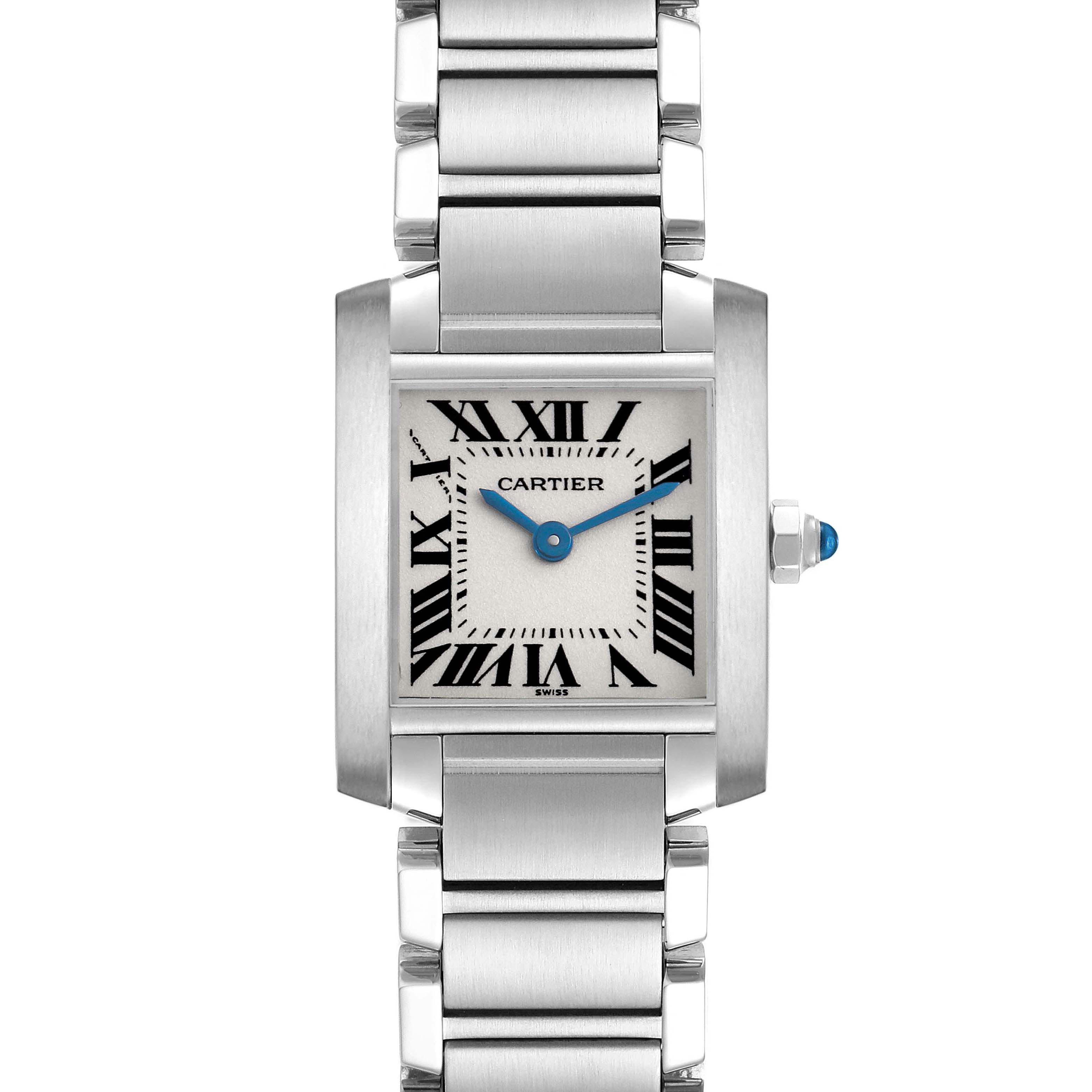 The Cartier Tank Francaise W51008Q3 Women's Stainless Steel Silver Dial W51008Q3 Women's Stainless Steel Silver Dial watch is shown from the front, displaying the dial, case, and part of the bracelet.
