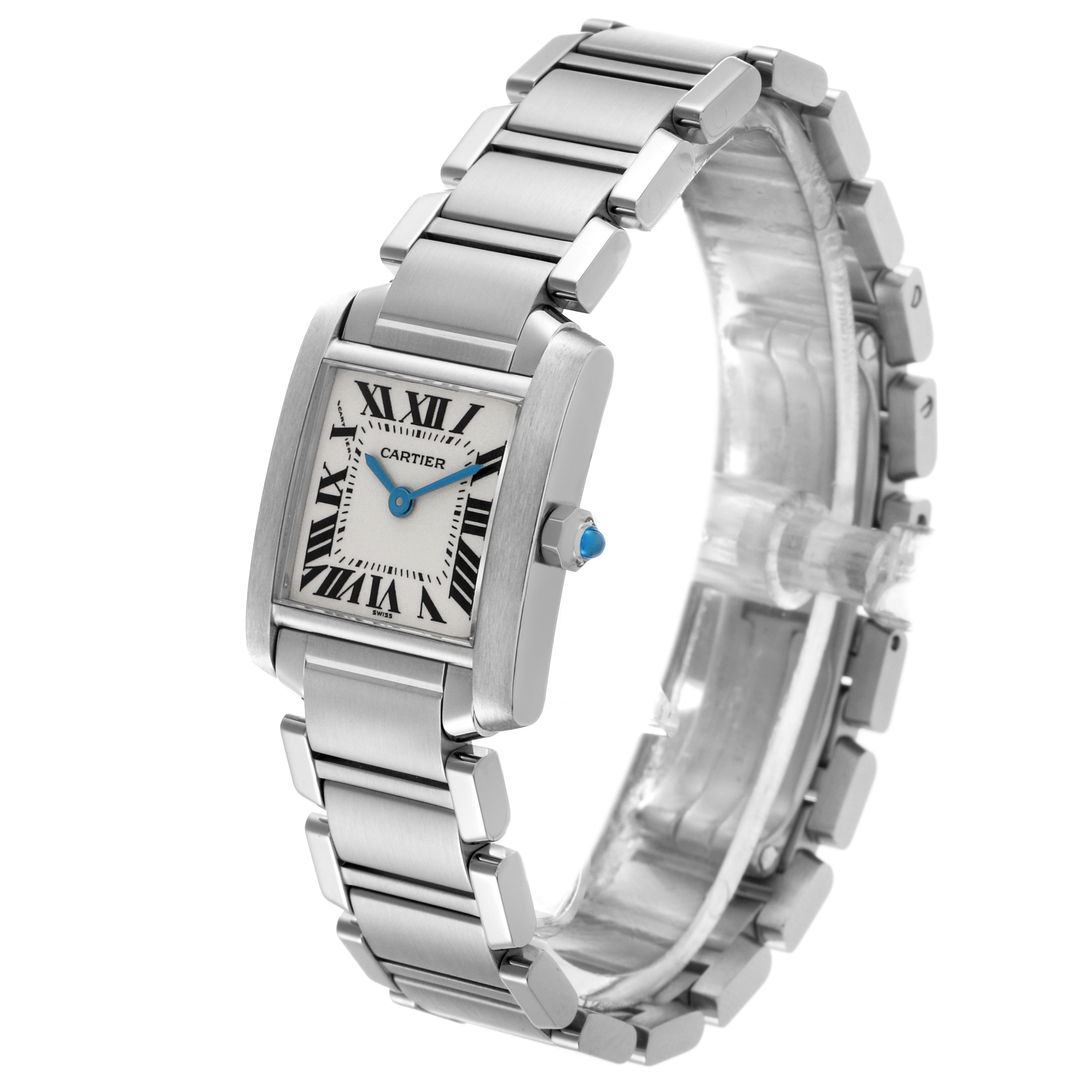 The Cartier Tank Francaise W51008Q3 Women's Stainless Steel Silver Dial W51008Q3 Women's Stainless Steel Silver Dial watch is shown from a three-quarter angle, displaying the face, bracelet, and crown with a blue cabochon.
