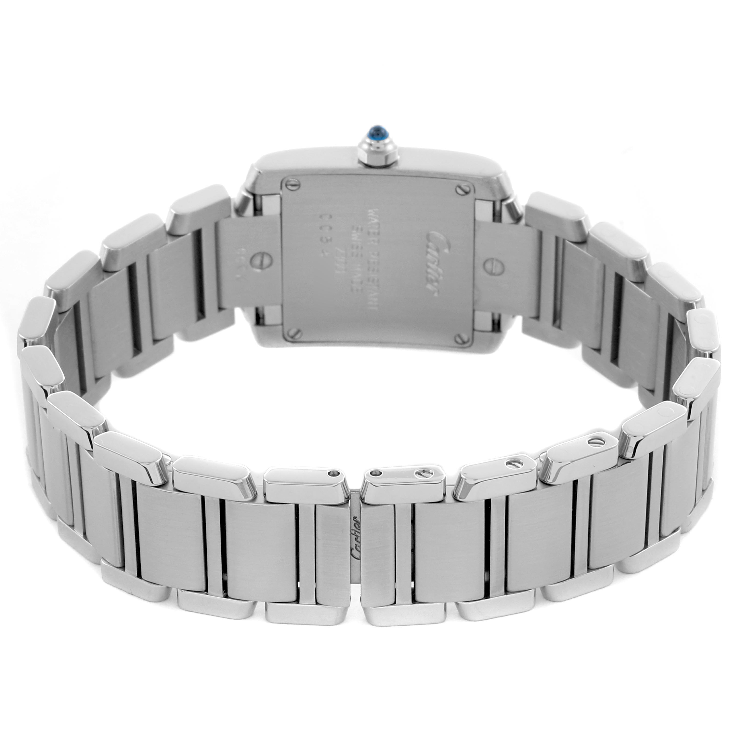 The image shows the back view of the Cartier Tank Française watch, highlighting its bracelet and case back.