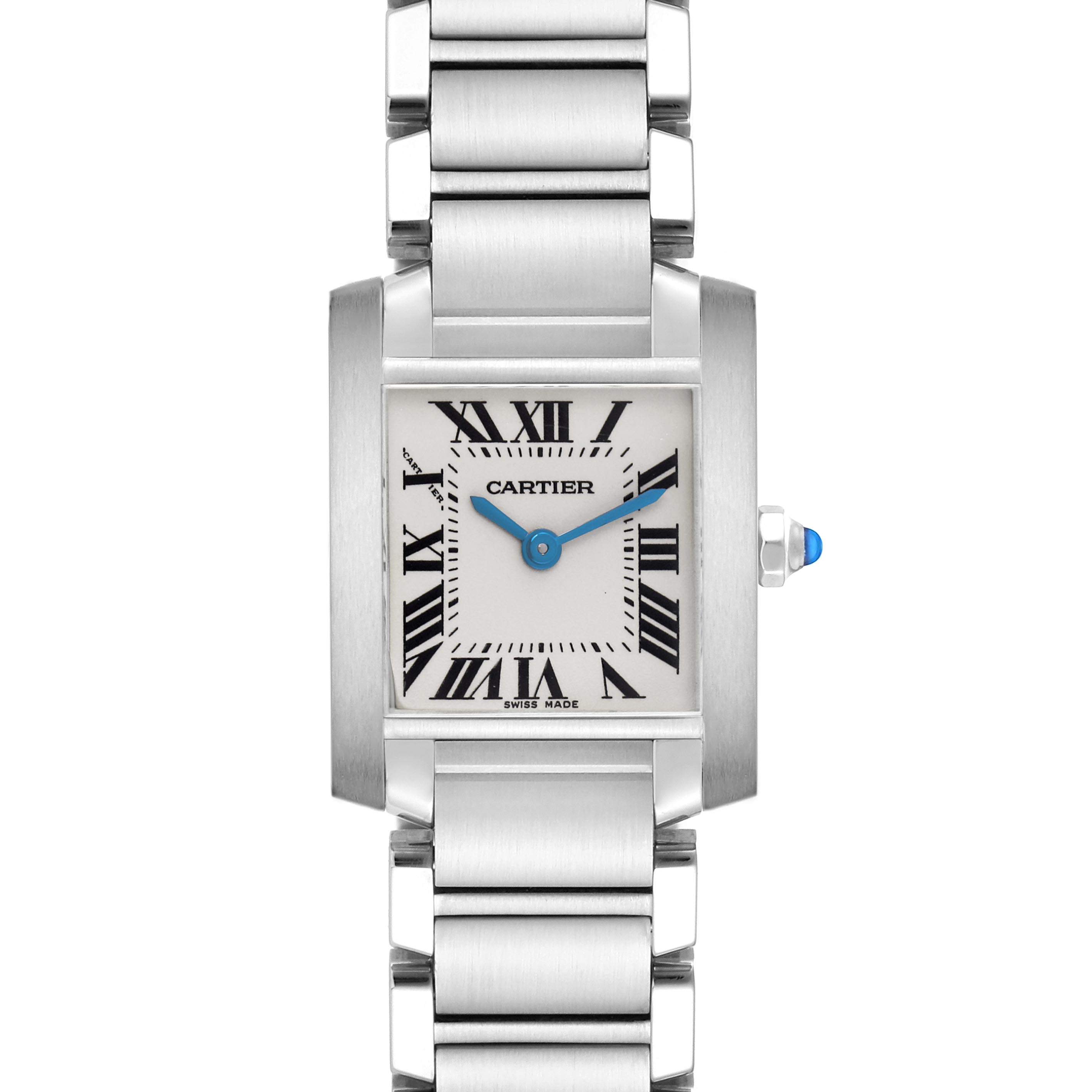 The Cartier Tank Française watch is shown from a front angle, displaying the face, bezel, and part of the bracelet.