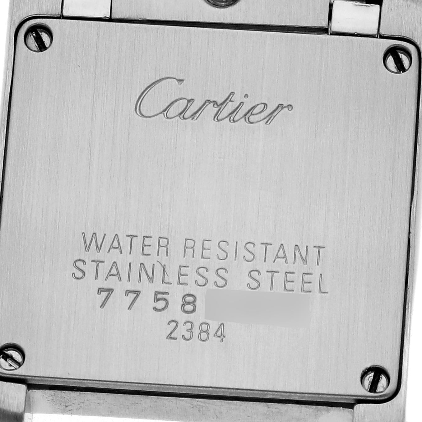 The image shows the back of a Cartier Tank Francaise W51008Q3 Women's Stainless Steel Silver Dial W51008Q3 Women's Stainless Steel Silver Dial watch featuring water resistance details and the brand's engraving.