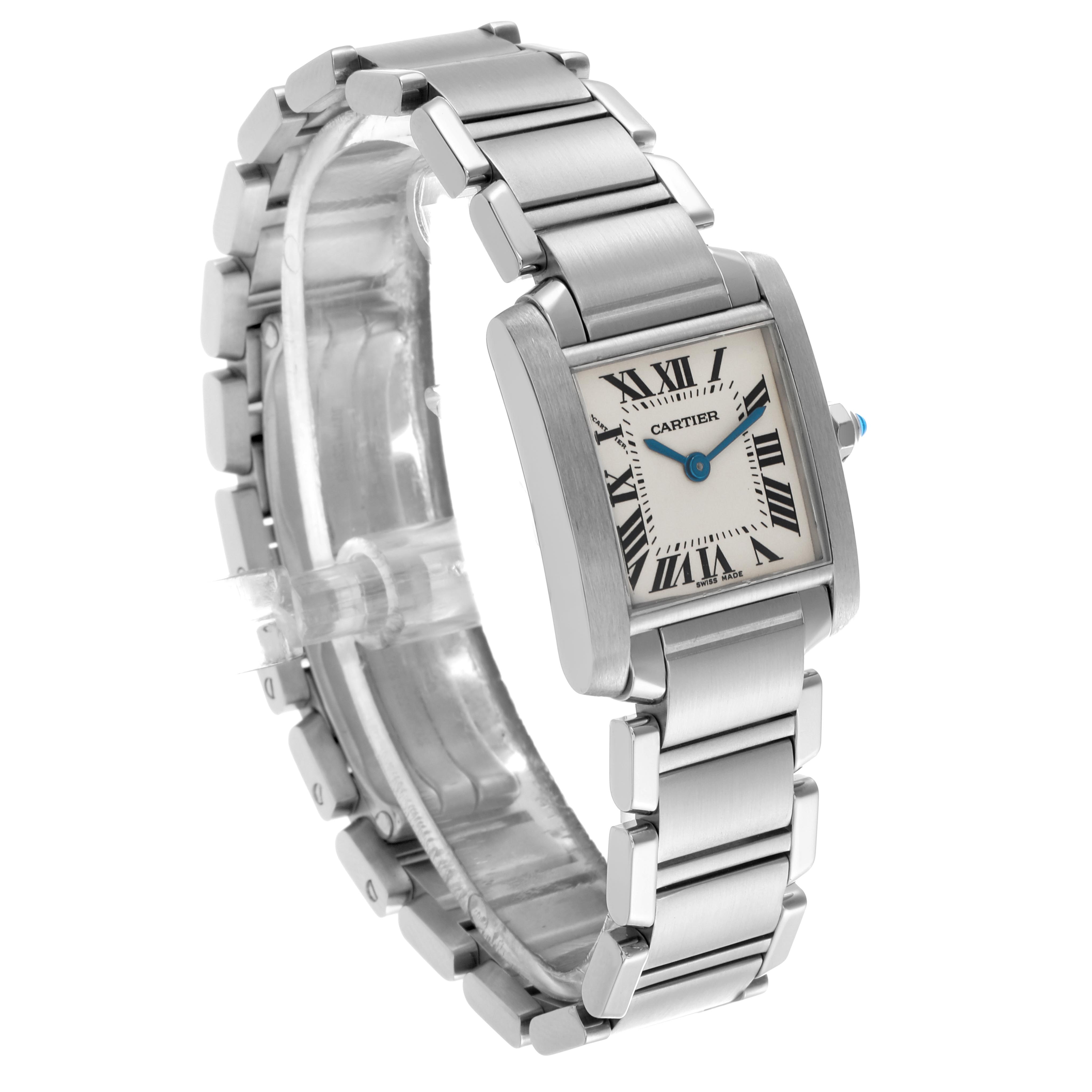 The Cartier Tank Francaise W51008Q3 Women's Stainless Steel Silver Dial W51008Q3 Women's Stainless Steel Silver Dial watch is shown at a slight angle, highlighting its rectangular face and metal bracelet.