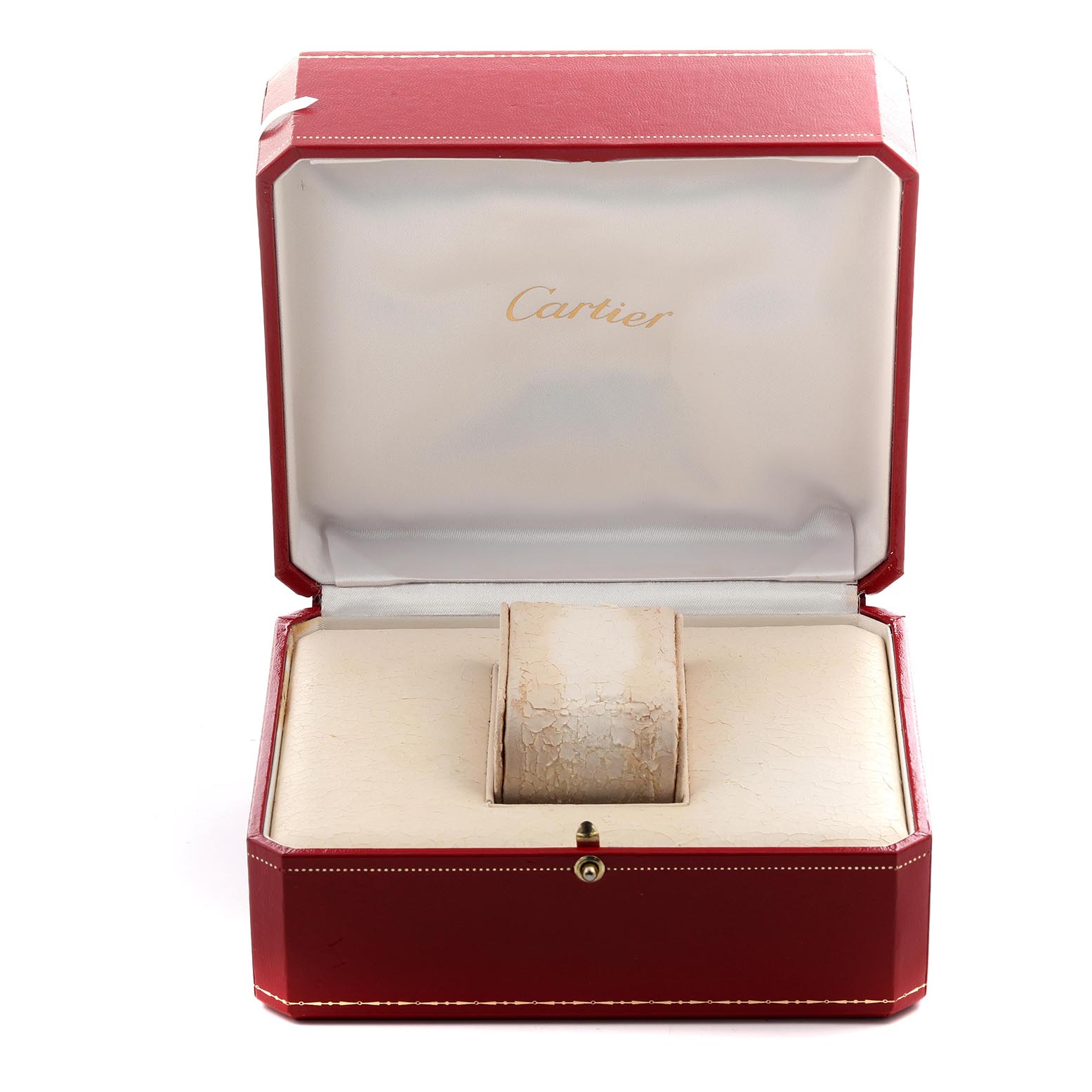 The image shows a Cartier Tank Francaise W51008Q3 Women's Stainless Steel Silver Dial W51008Q3 Women's Stainless Steel Silver Dial watch box, open to reveal the inner cushion.