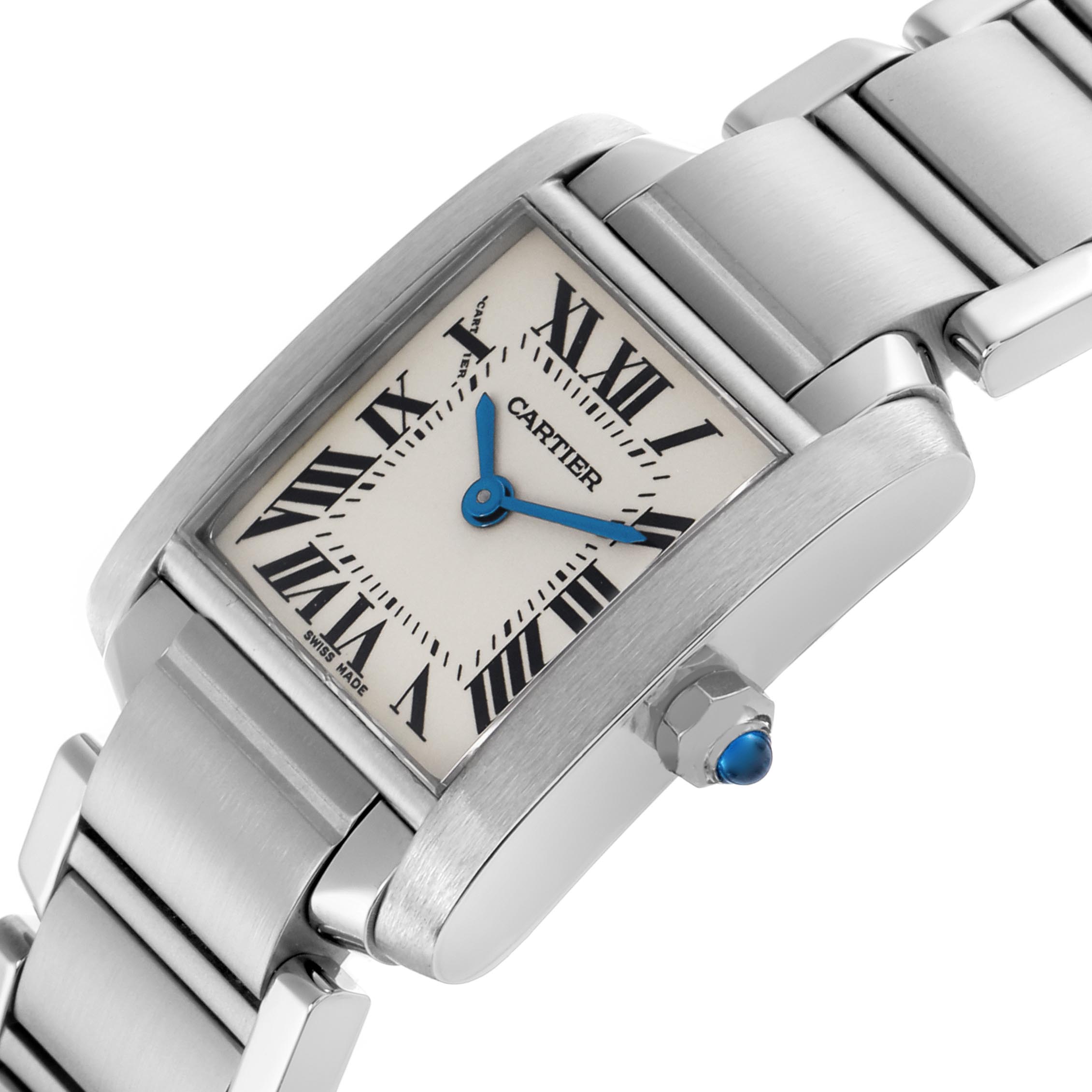 The Cartier Tank Française watch is shown at an angle highlighting the rectangular face, Roman numerals, blue hands, and metal bracelet.