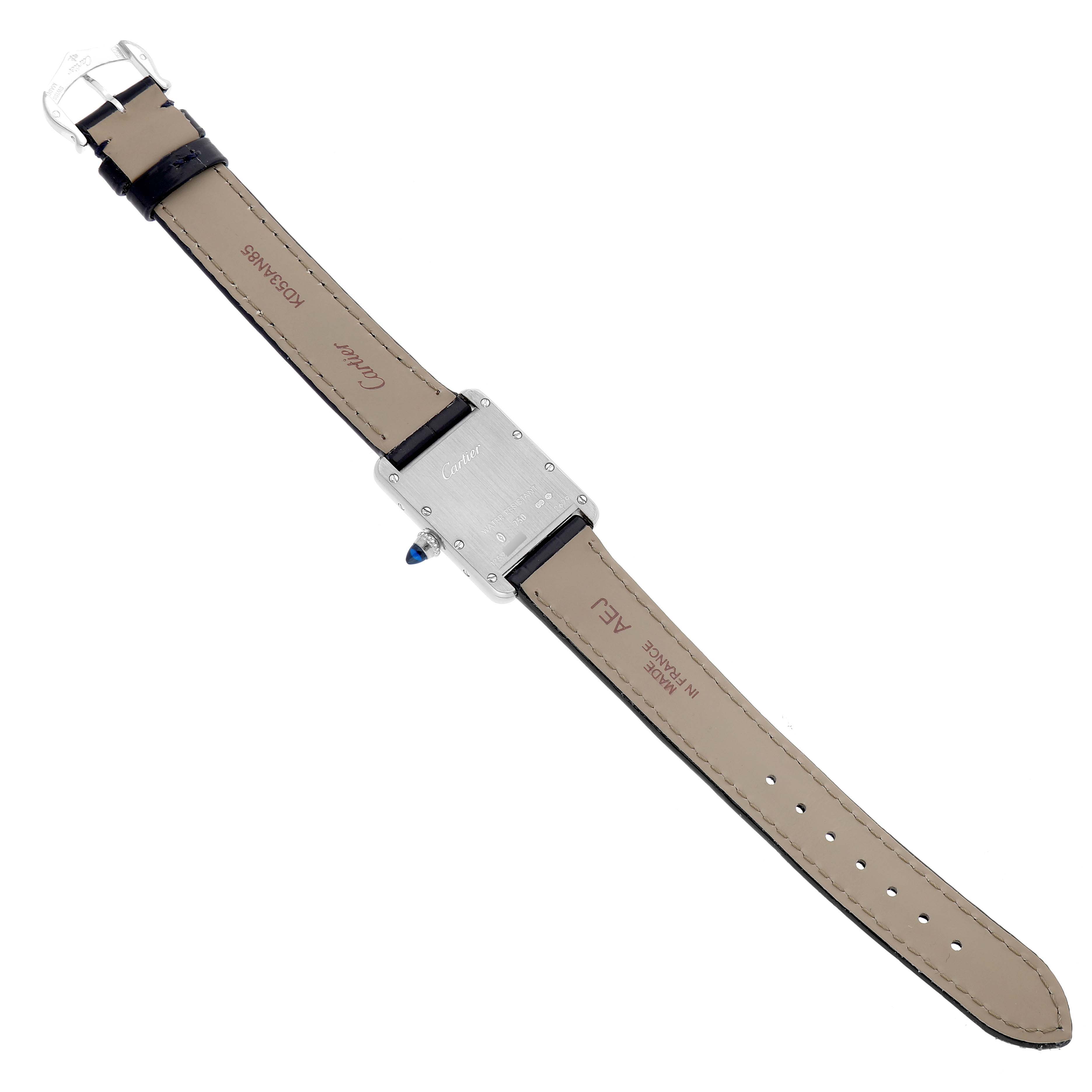 The Cartier Tank Louis W1541056 Women's White Gold Silver Dial watch is shown from the back, displaying its strap and case back.