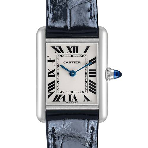 The Cartier Tank Louis W1541056 Women's White Gold Silver Dial watch is shown from the front, highlighting its face, Roman numerals, and crown with a blue cabochon.