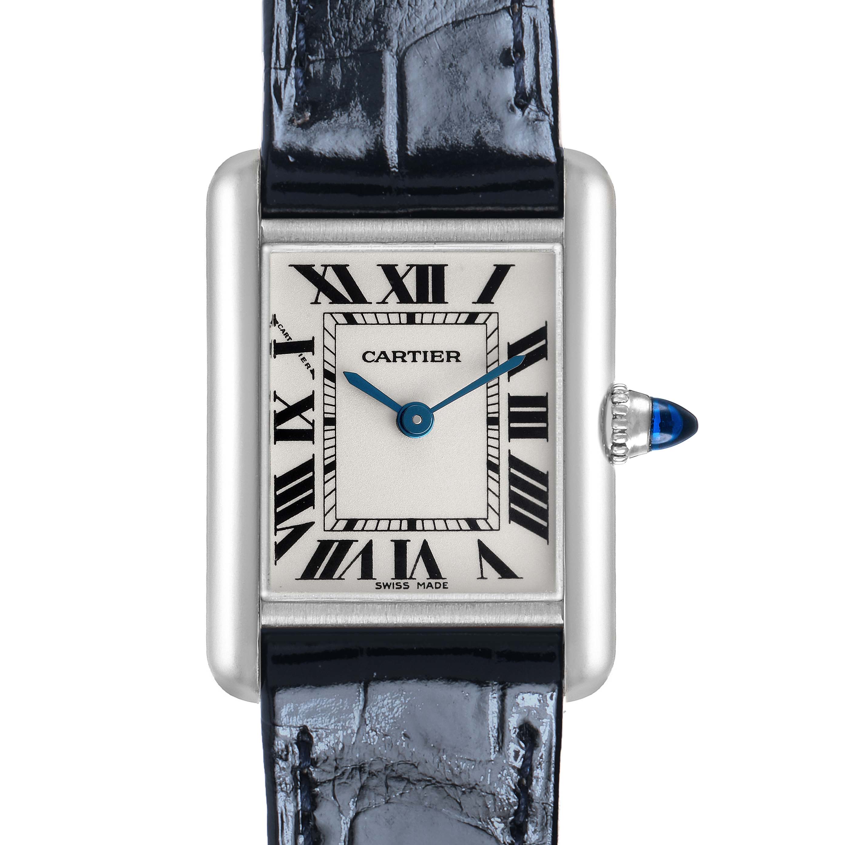 The image shows a frontal view of the Cartier Tank Louis W1541056 Women's White Gold Silver Dial watch, highlighting its face, Roman numerals, and crown with a blue cabochon.