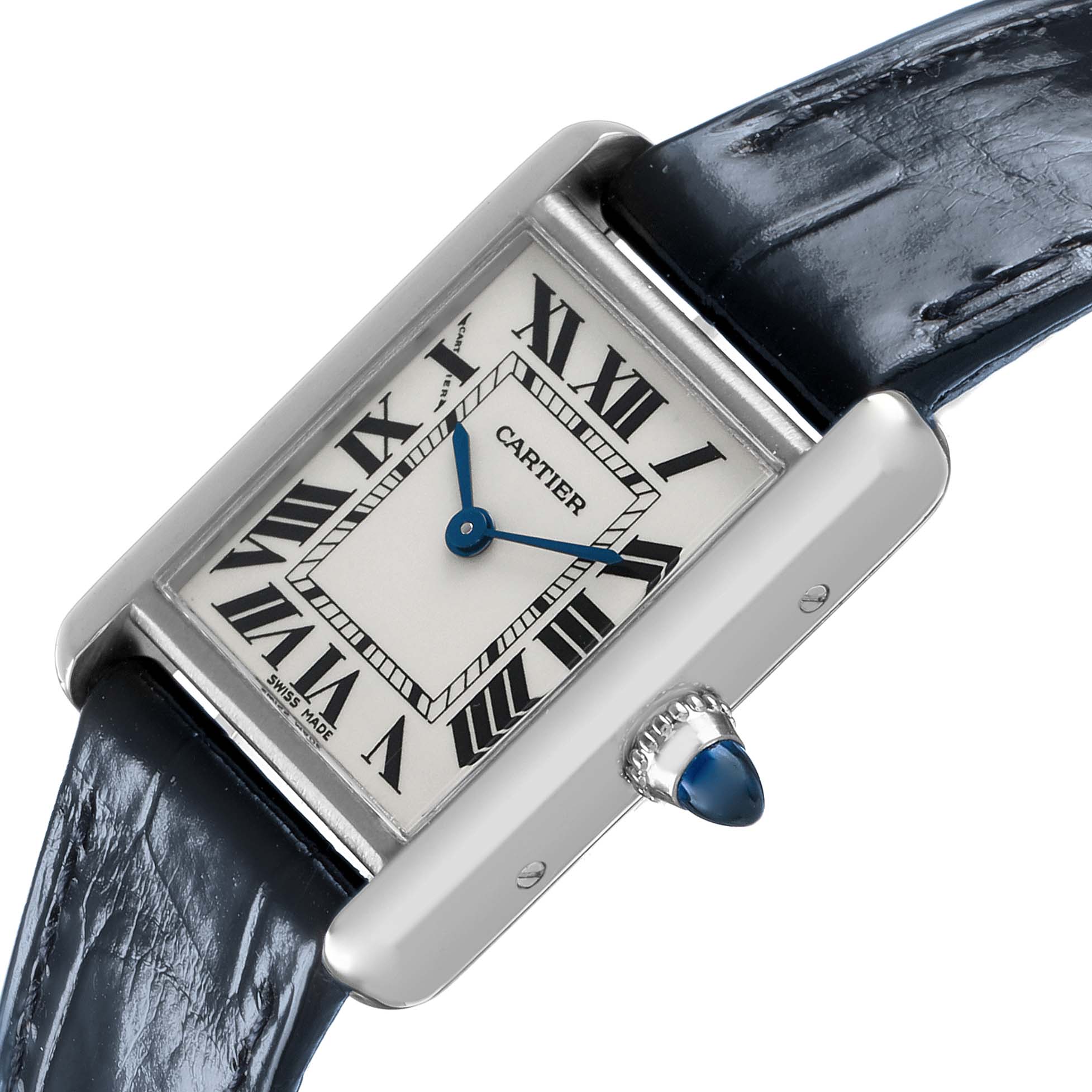 The Cartier Tank Louis W1541056 Women's White Gold Silver Dial watch is shown at an angled view, highlighting its rectangular face, blue hands, and cabochon crown.
