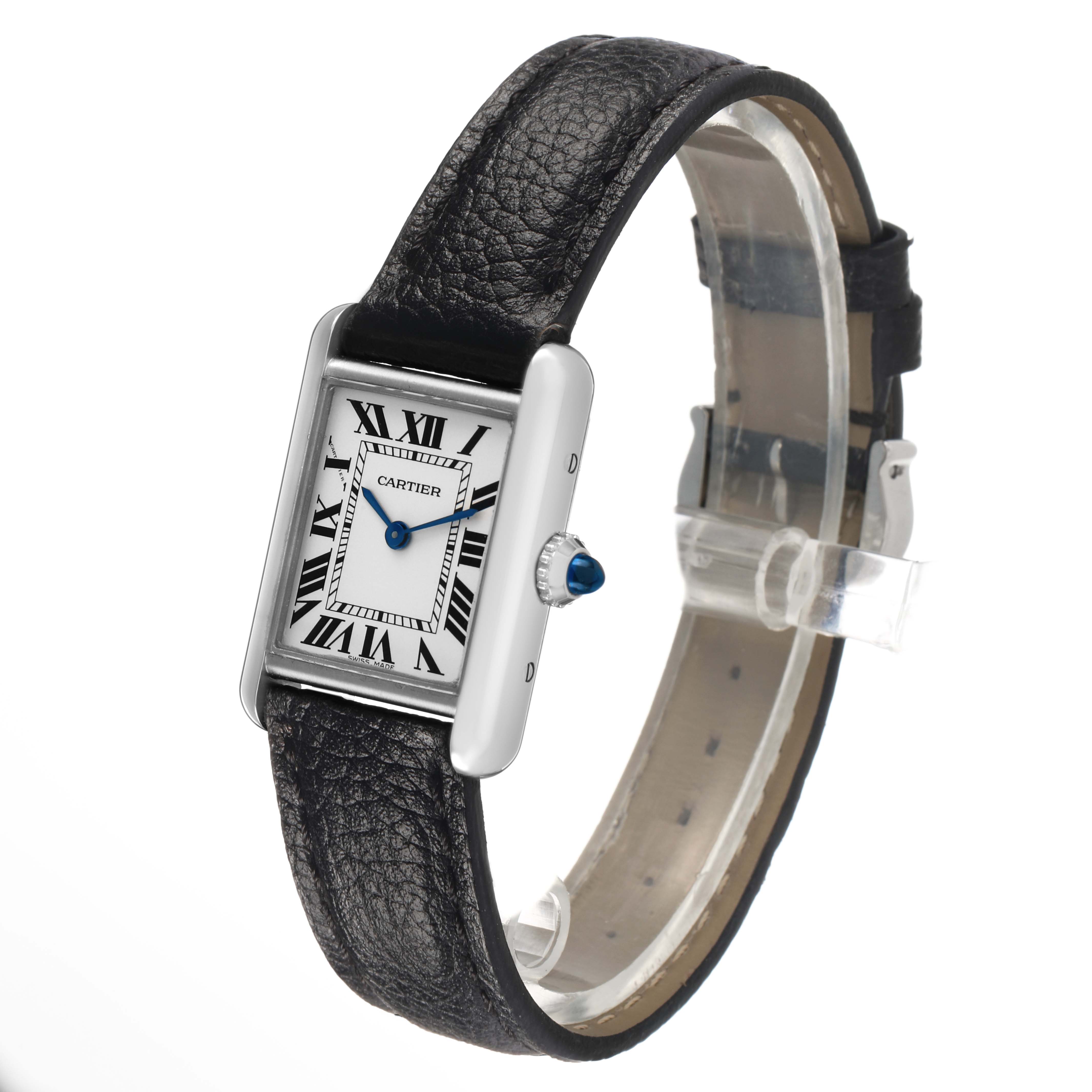 The Cartier Tank Must WSTA0042 Men's Stainless Steel Silver Dial watch is shown at an angled front view, displaying the face, strap, and crown.