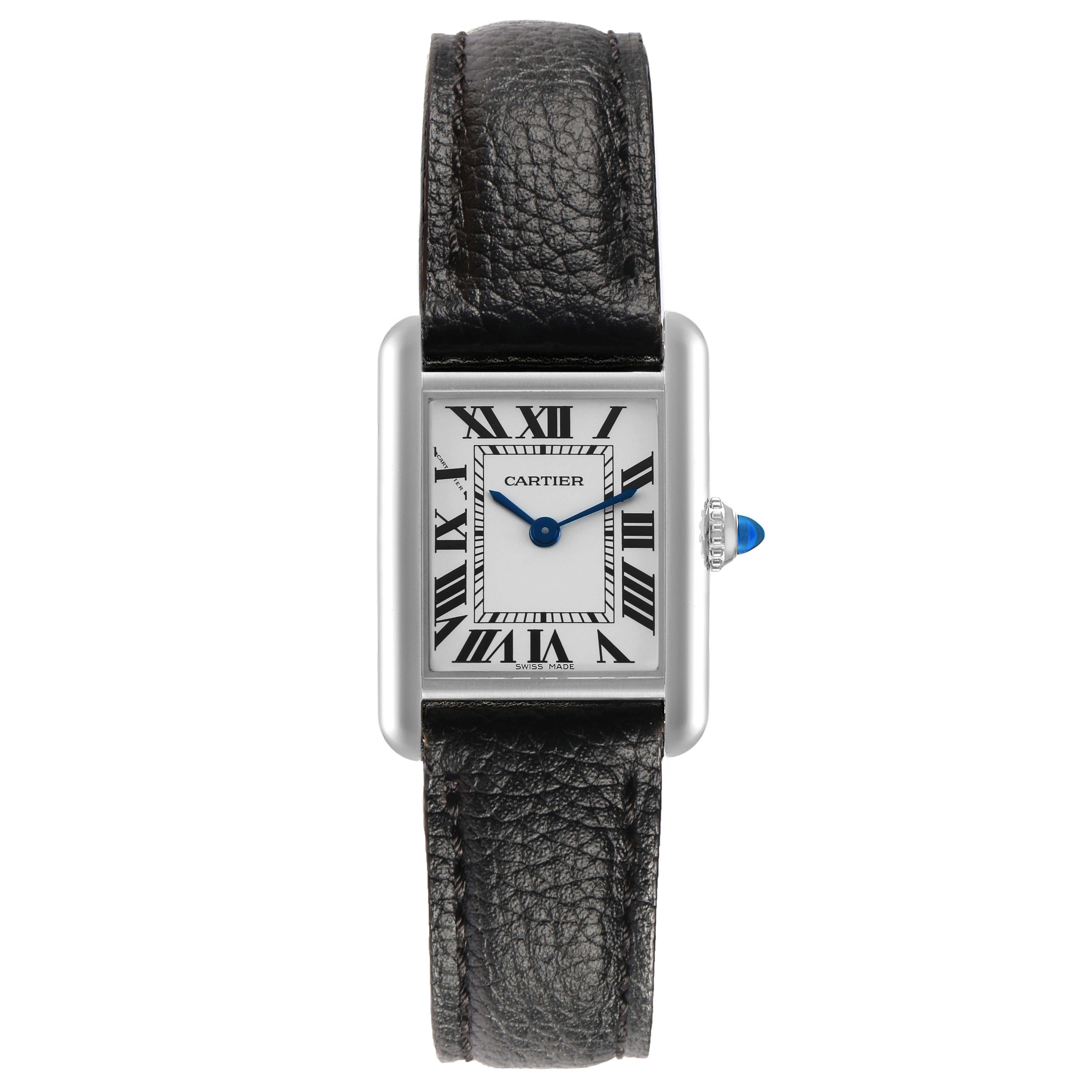 The Cartier Tank Must WSTA0042 Men's Stainless Steel Silver Dial watch is shown from the front, displaying its rectangular face, Roman numerals, and leather strap.