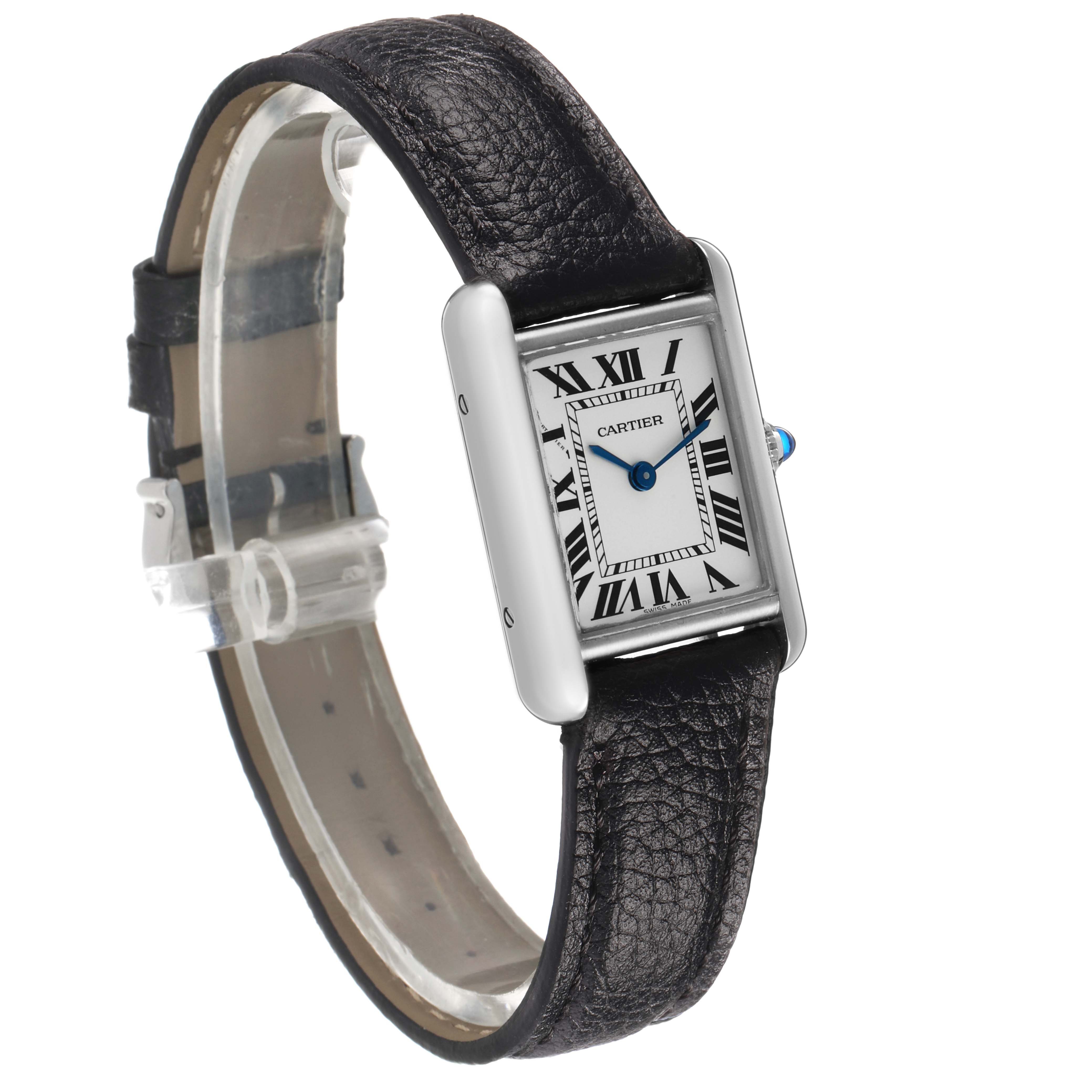 The Cartier Tank Must WSTA0042 Men's Stainless Steel Silver Dial watch is shown from a side angle, featuring its rectangular face, Roman numerals, black leather strap, and blue hands.