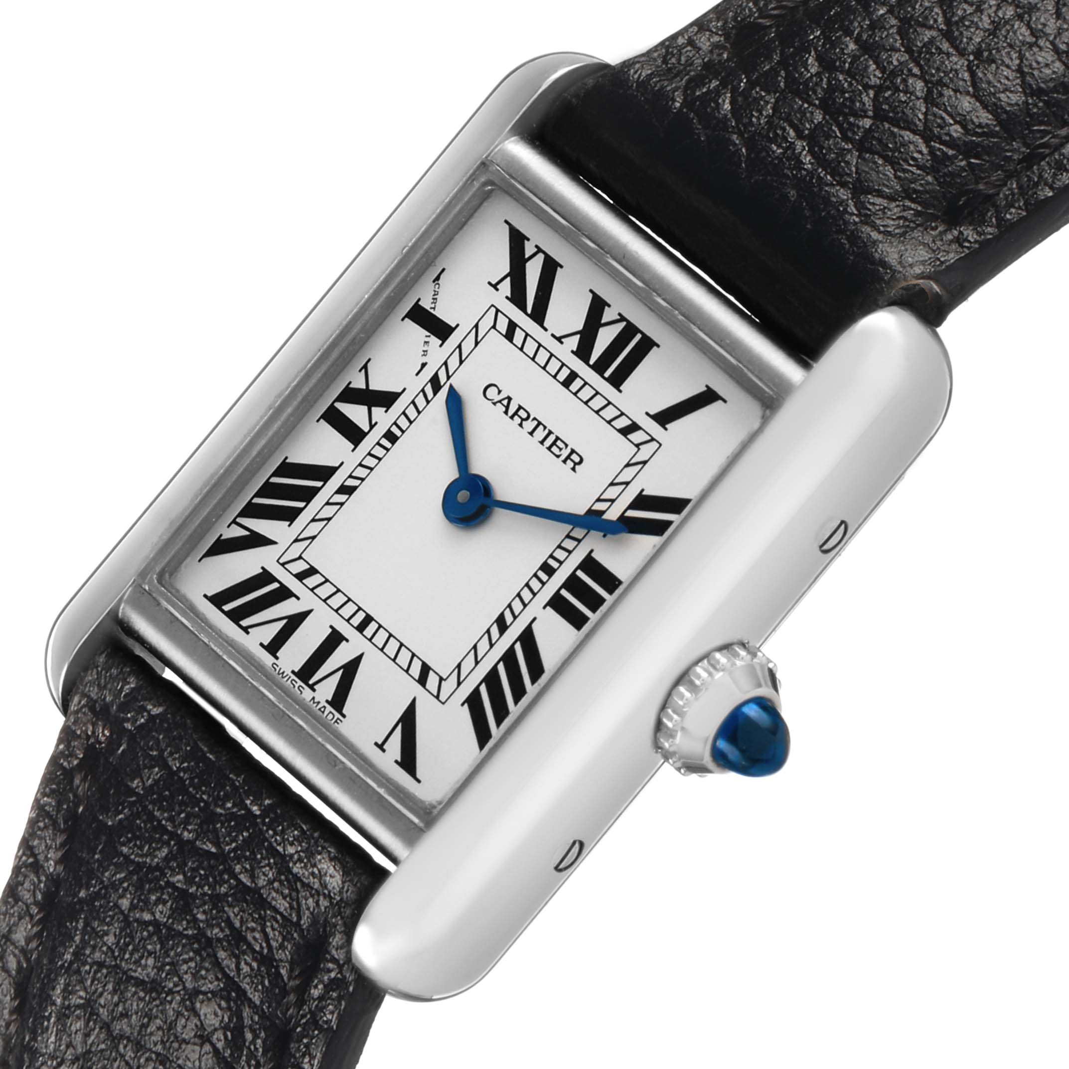 The Cartier Tank Must WSTA0042 Men's Stainless Steel Silver Dial watch is shown at an angled close-up, highlighting its rectangular face, Roman numerals, blue hands, and leather strap.