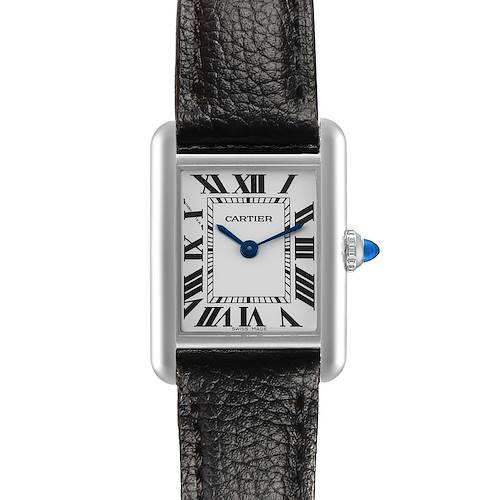 The Cartier Tank Must WSTA0042 Men's Stainless Steel Silver Dial watch is shown from the front, displaying the face, Roman numerals, blue hands, and leather strap.