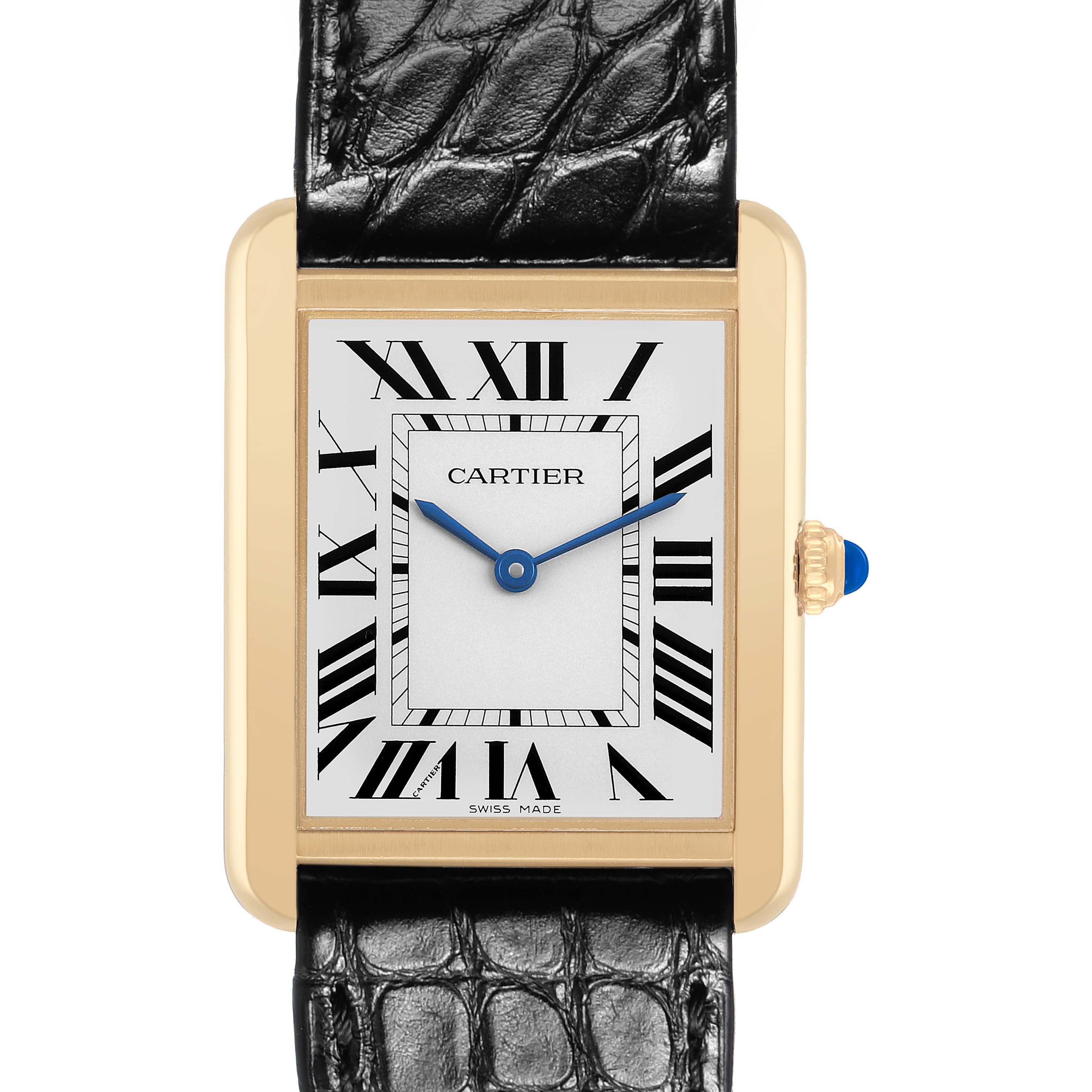 The Cartier Tank Solo W5200004 Men's Yellow Gold Silver Dial watch is shown from the front, highlighting the rectangular gold case, Roman numeral dial, and leather strap.